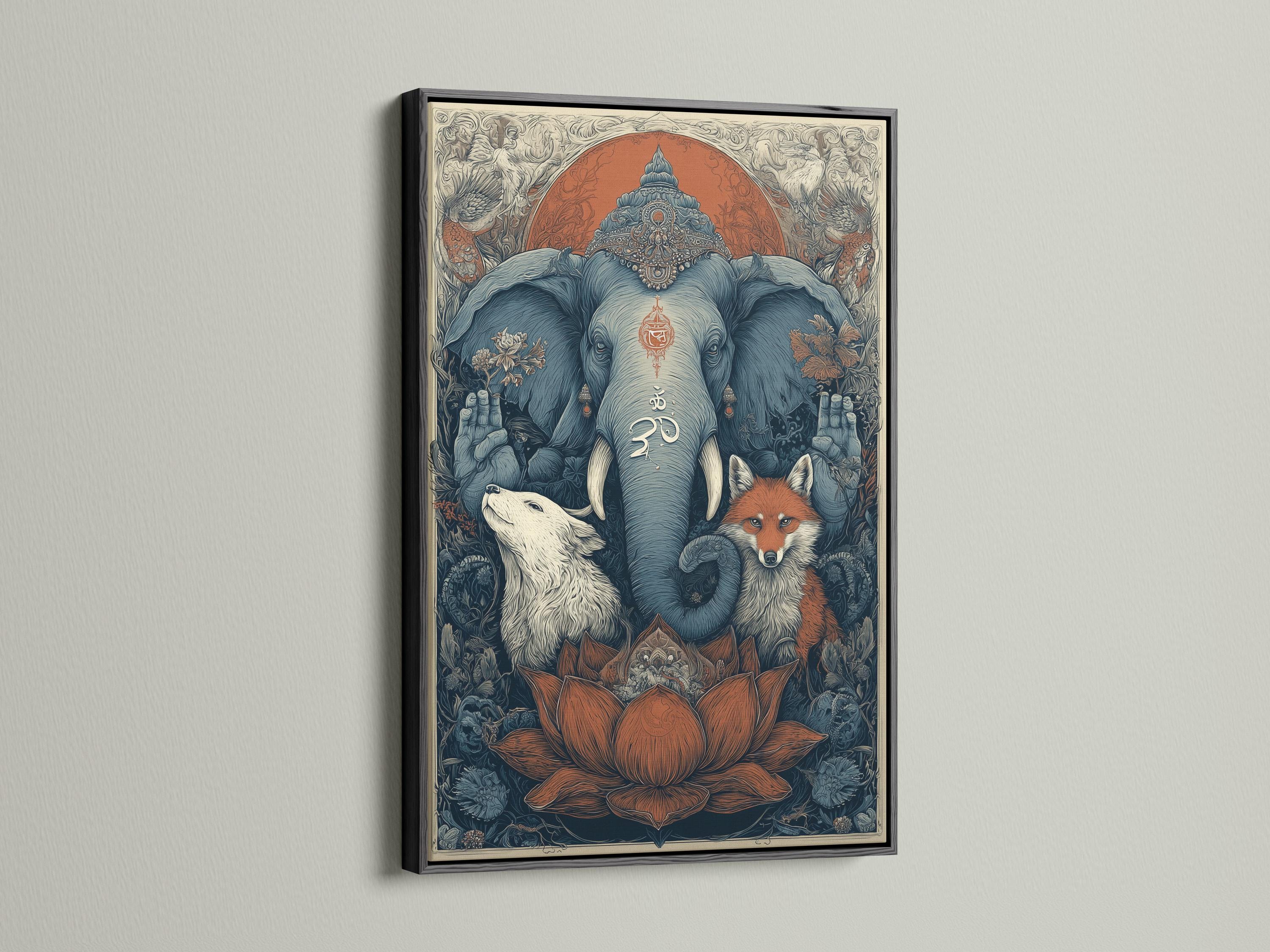 Ornate spiritual animal illustration of a blue elephant with an om symbol, fox and wolf in a forest scene detail view