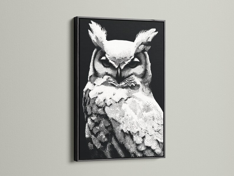 Owl Art Print - Black White Wildlife Wall Art, Modern Dotted Bird ...