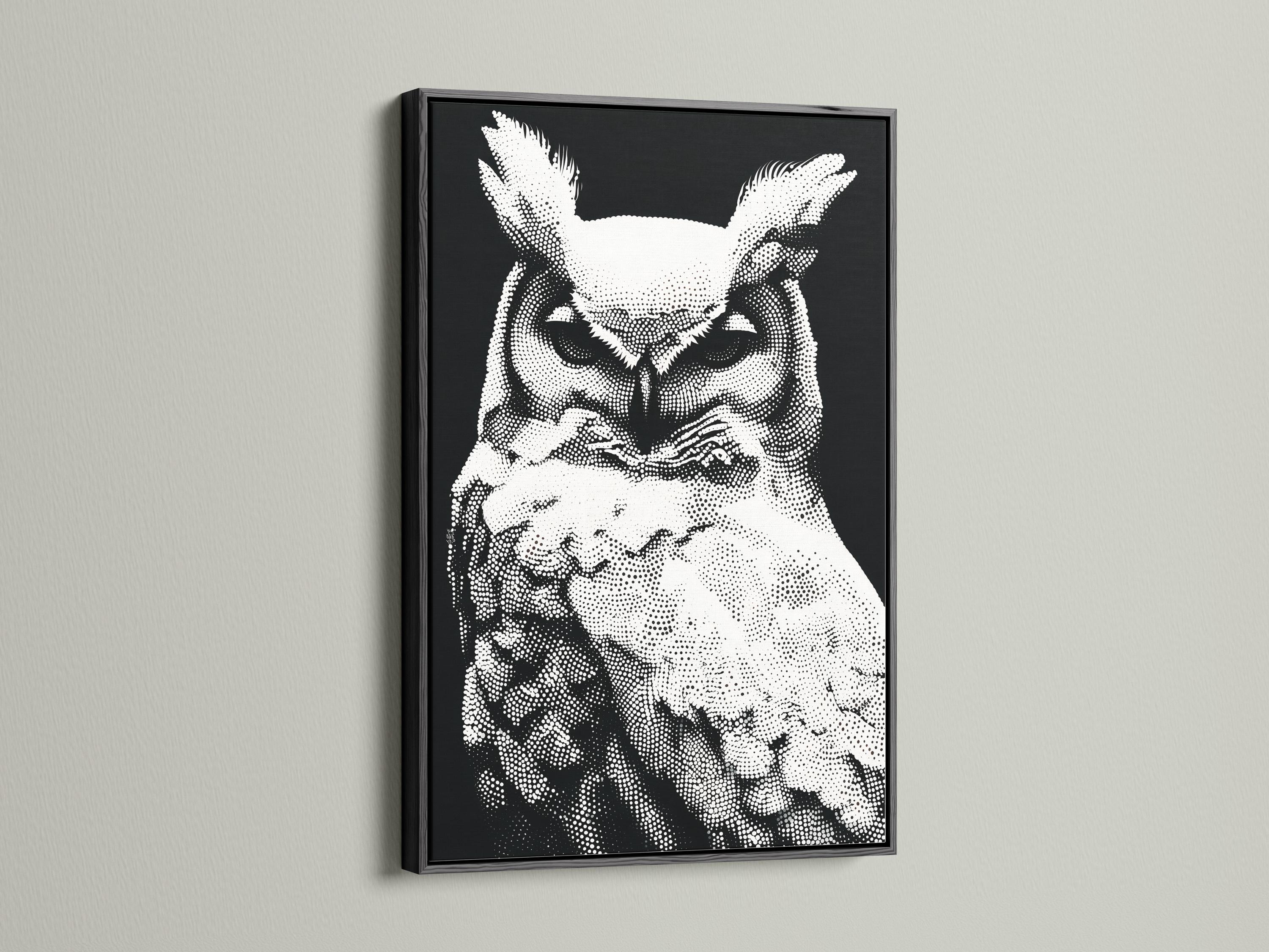 Black and white owl portrait made from dense dotted patterning detail view