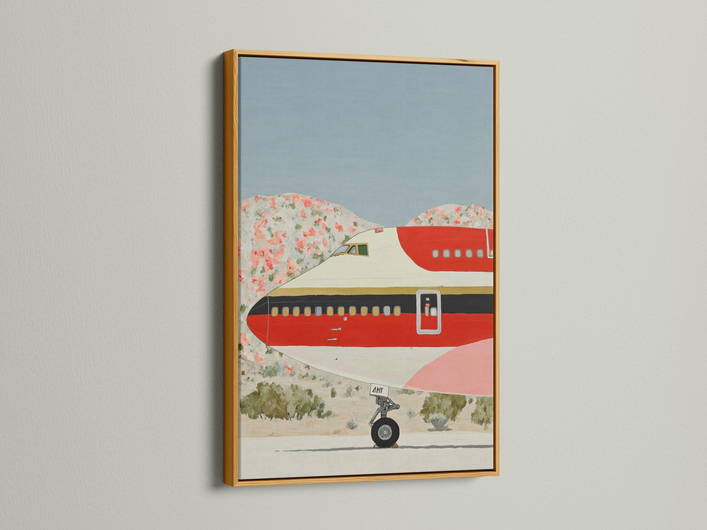Red retro airplane illustration over a pastel landscape with floral details detail view