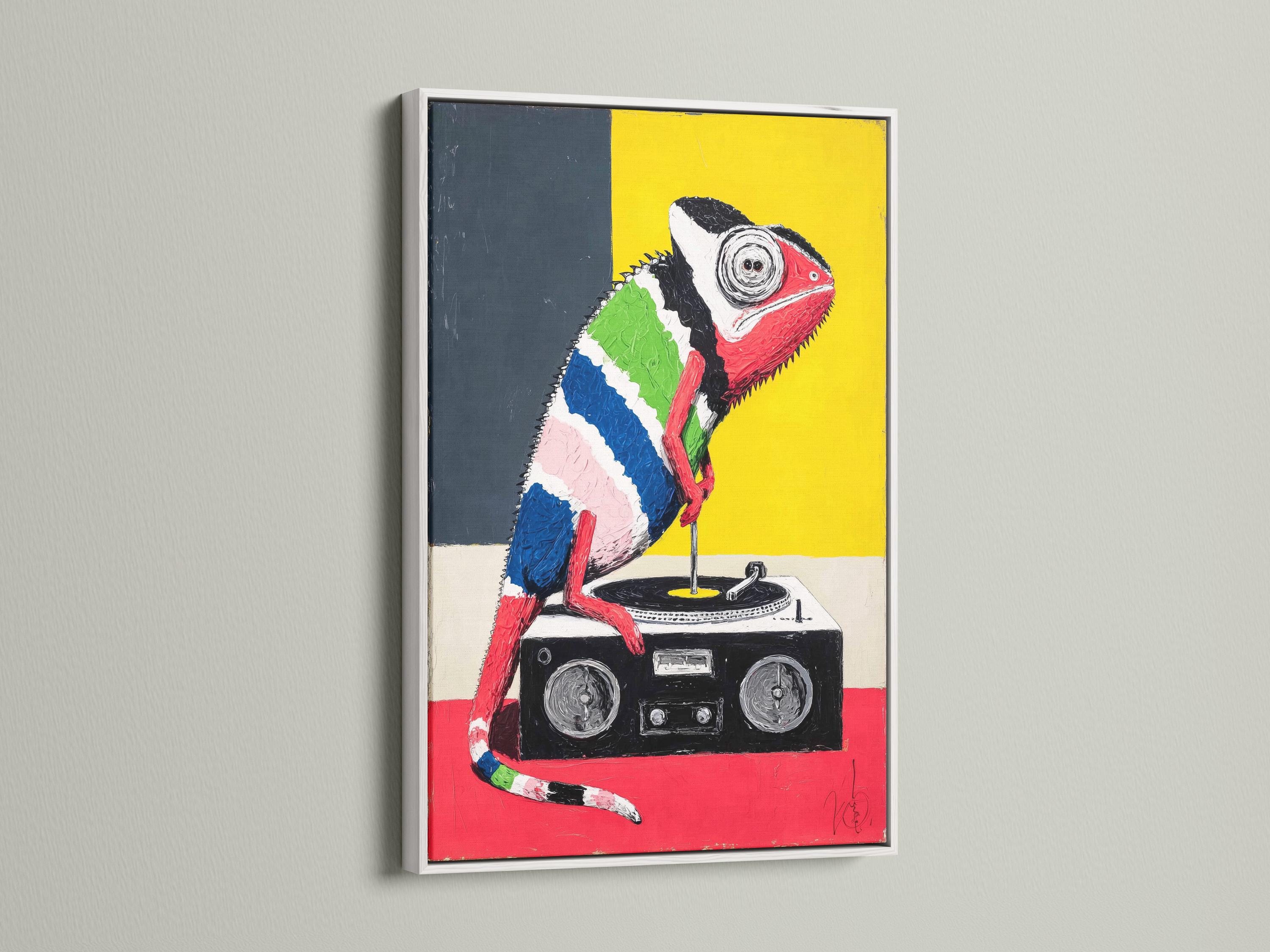 Pop-art chameleon DJ artwork with thick black outlines, bright yellow and red background blocks detail view