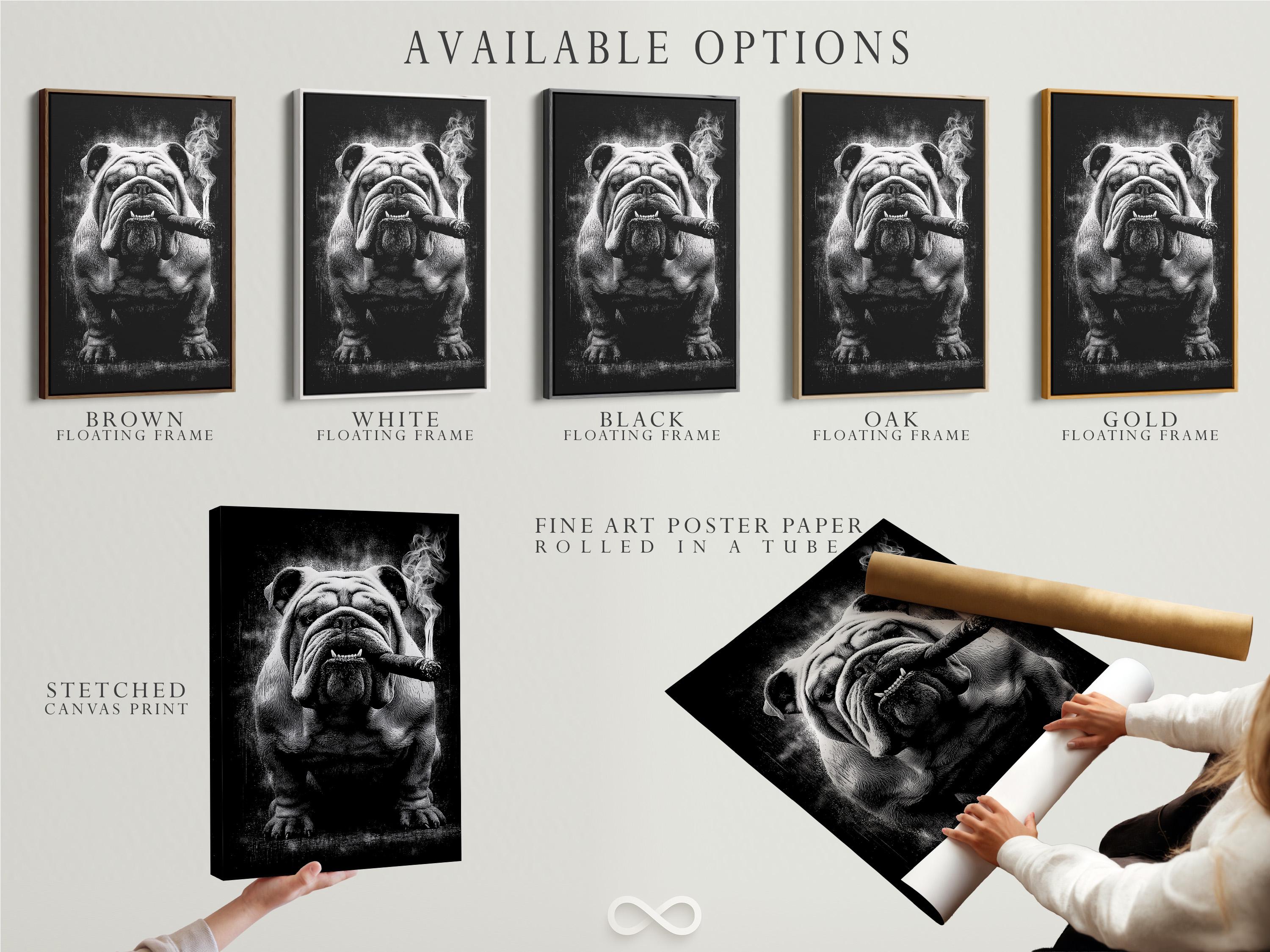 Monochrome bulldog portrait with a cigar and swirling smoke against a dark background detail view