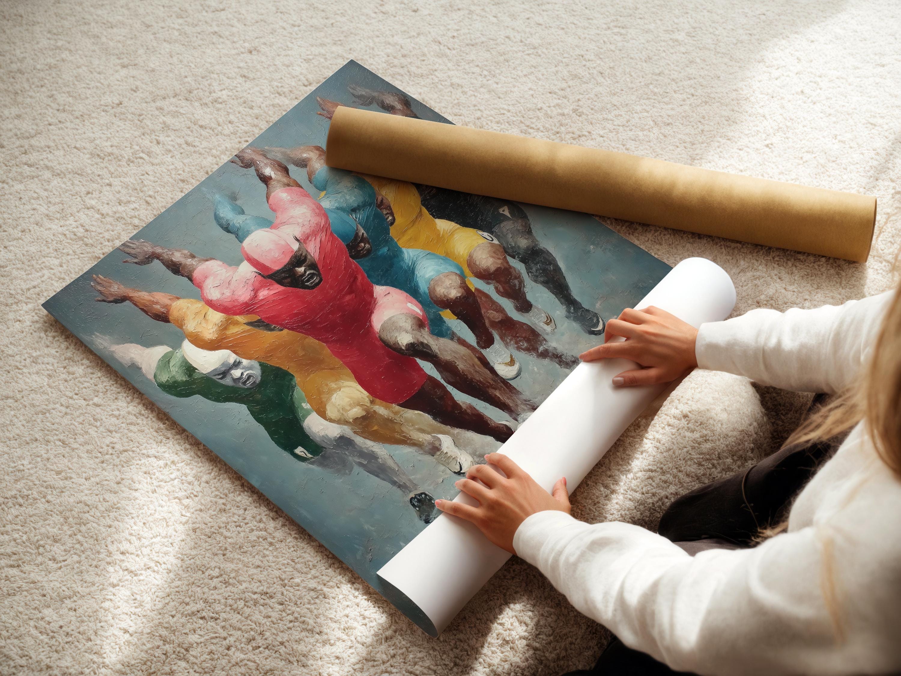 Colourful runners sprinting in a painterly style with a bright red central figure detail view