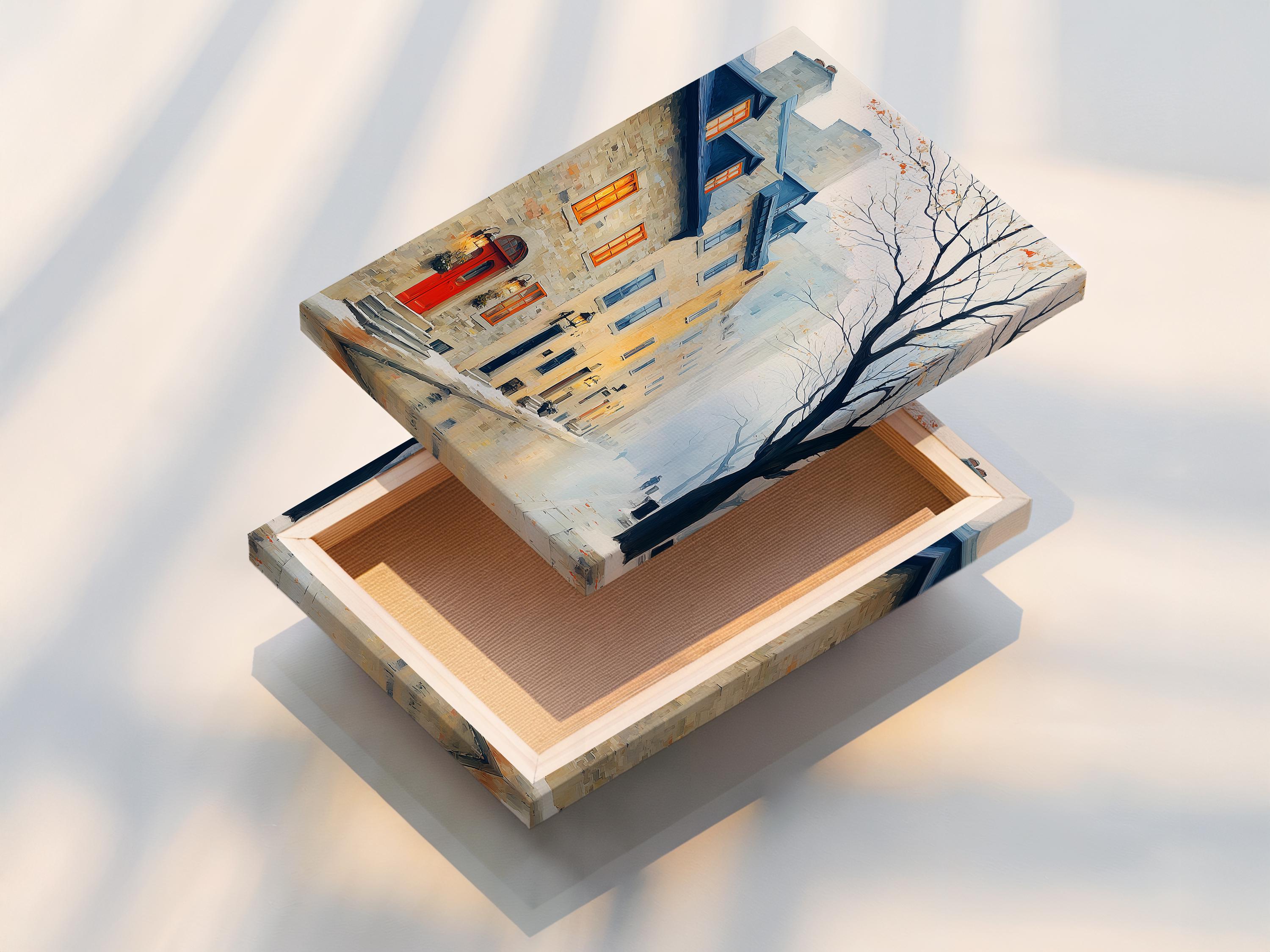 Portrait framed city street artwork mockup with foggy buildings and a red door