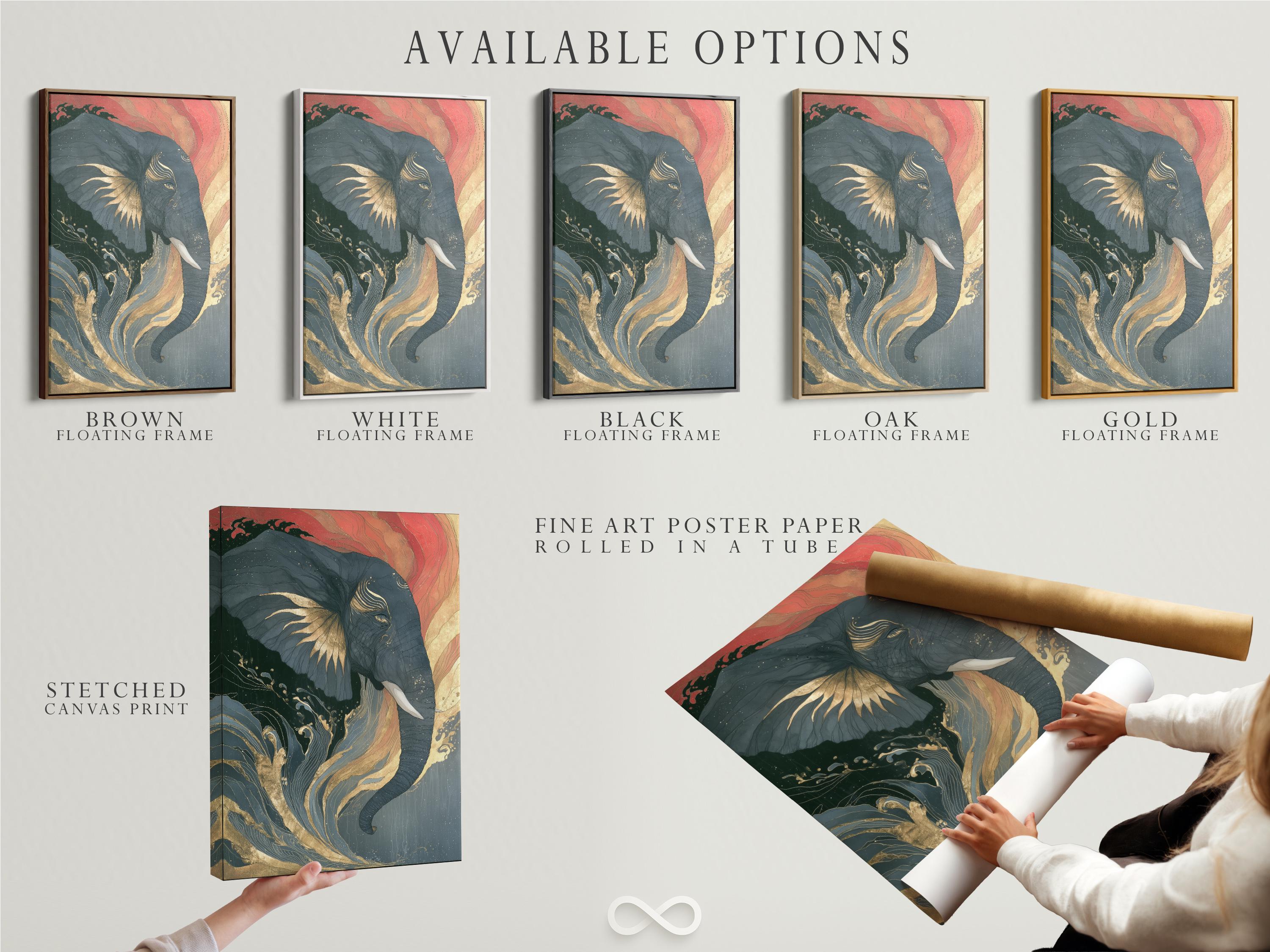Abstract elephant portrait with swirling wave patterns in muted teal, coral pink and warm gold lines detail view