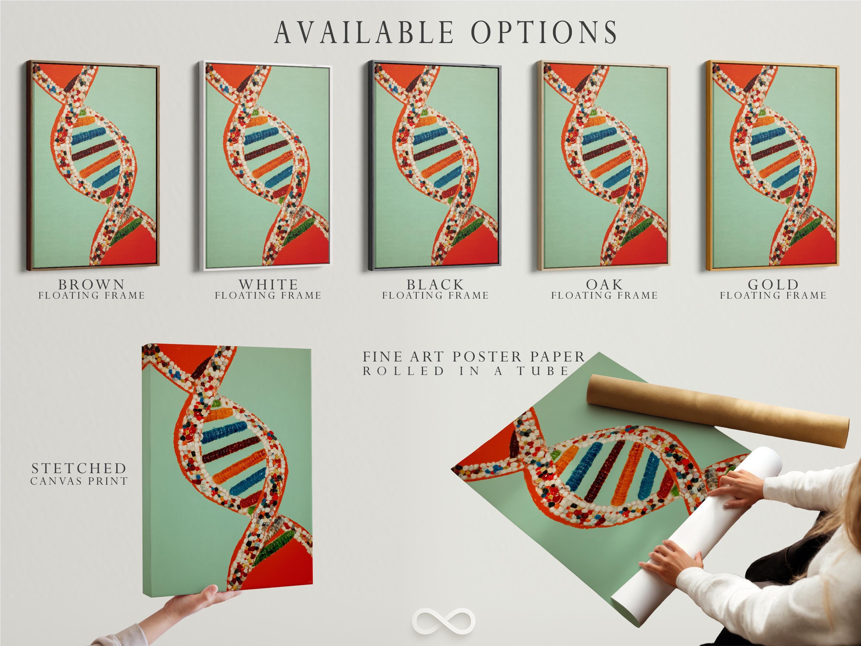 A researcher in a white lab coat stands next to a framed DNA double helix artwork