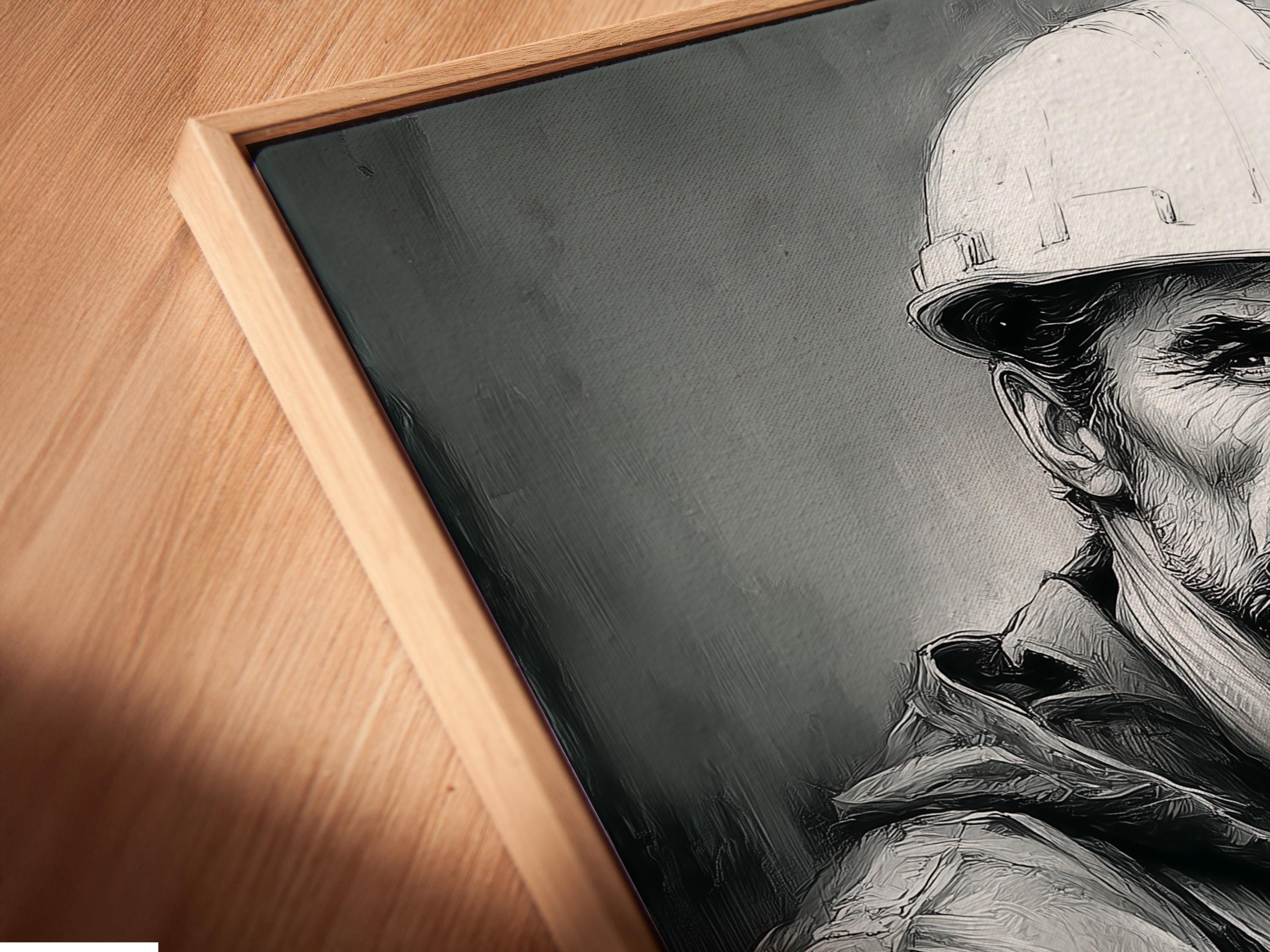 A wall mockup showing framed portrait options next to a monochrome construction worker artwork