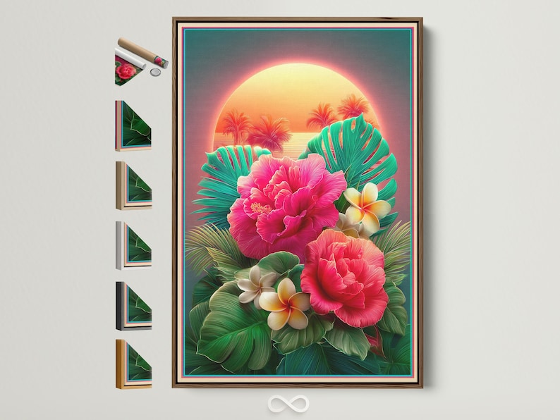 Tropical floral artwork with pink hibiscus flowers, teal palm leaves and a glowing sunset halo