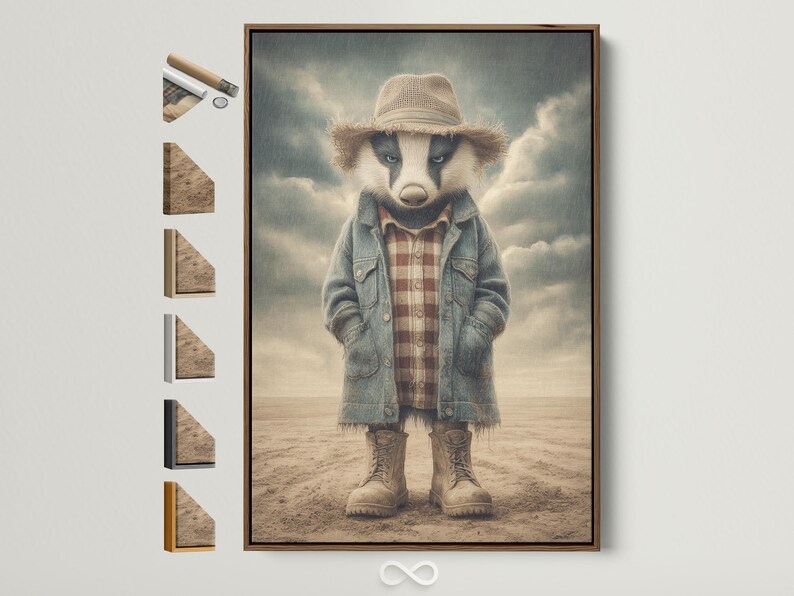 Stylised badger character wearing a straw hat and denim jacket in a sandy western scene