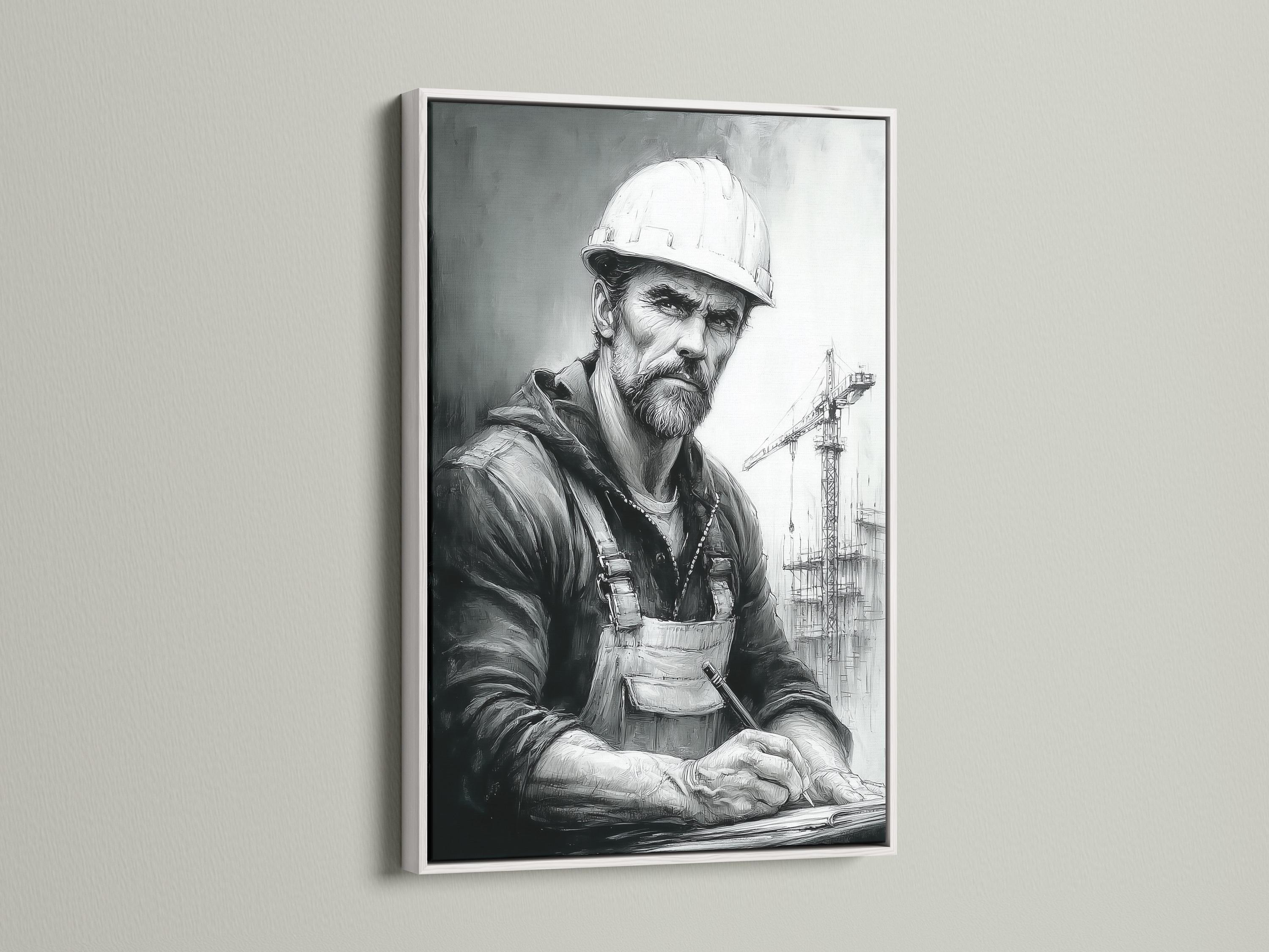 A wall mockup showing framed portrait options next to a monochrome construction worker artwork