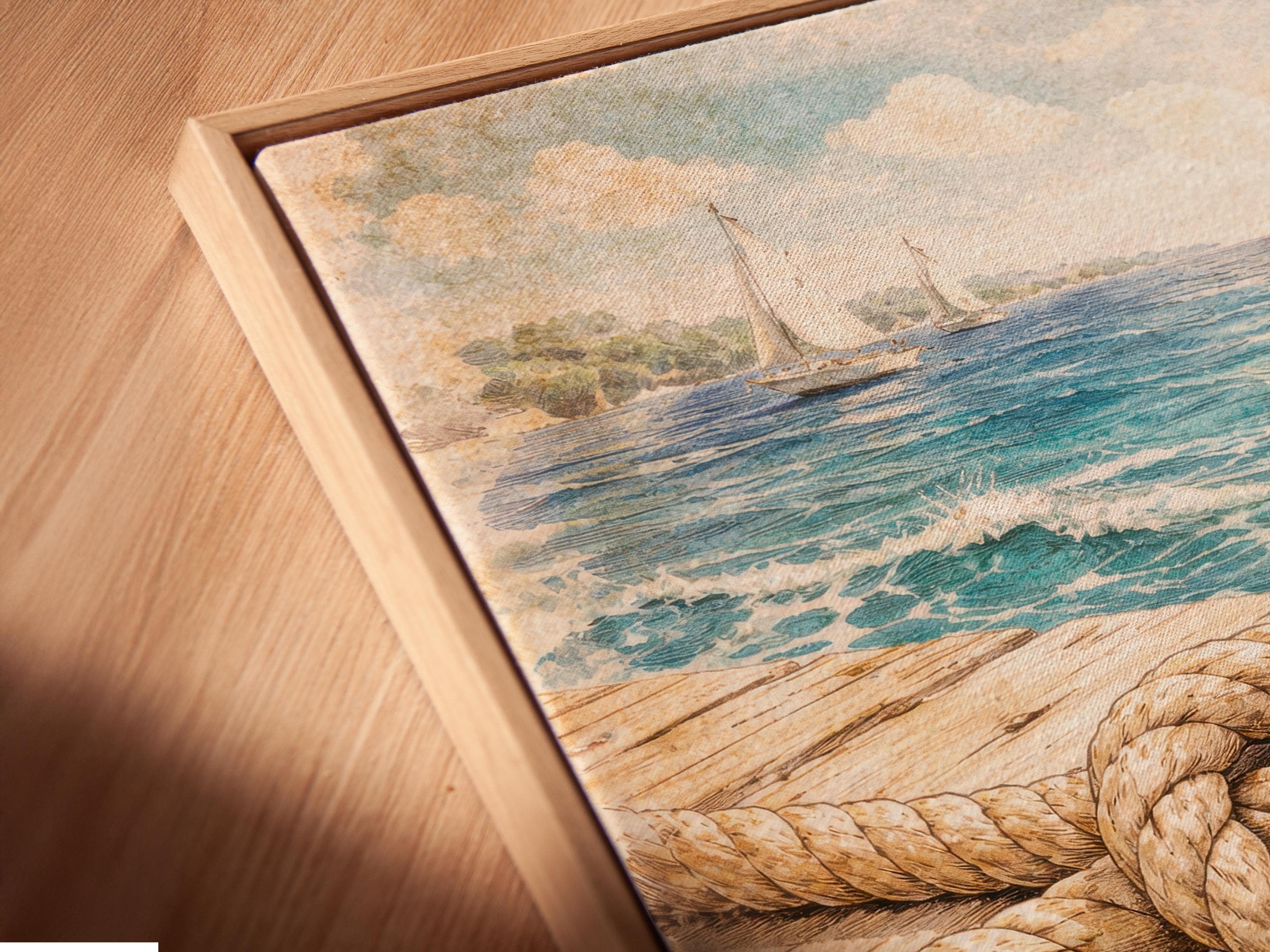Nautical rope knot on a weathered dock with seashells, starfish, and sailboats on the ocean detail view