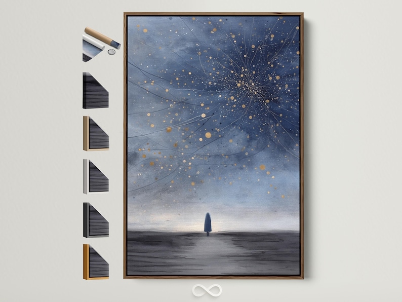 Navy blue starry night sky artwork with golden dots and radiating cosmic lines above a small silhouette figure