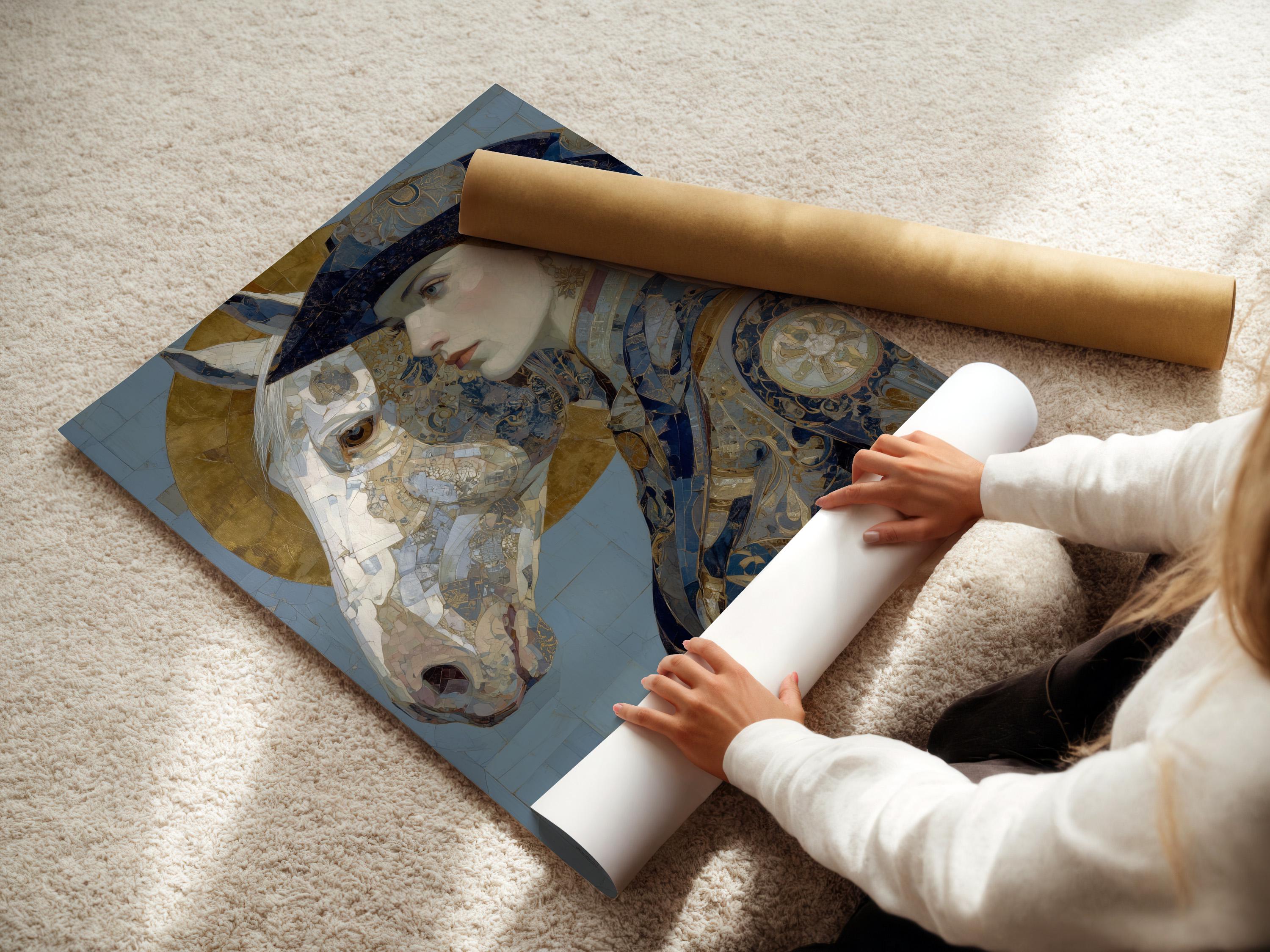 Ornamental blue and gold portrait showing a woman in profile with a horse head beside her detail view