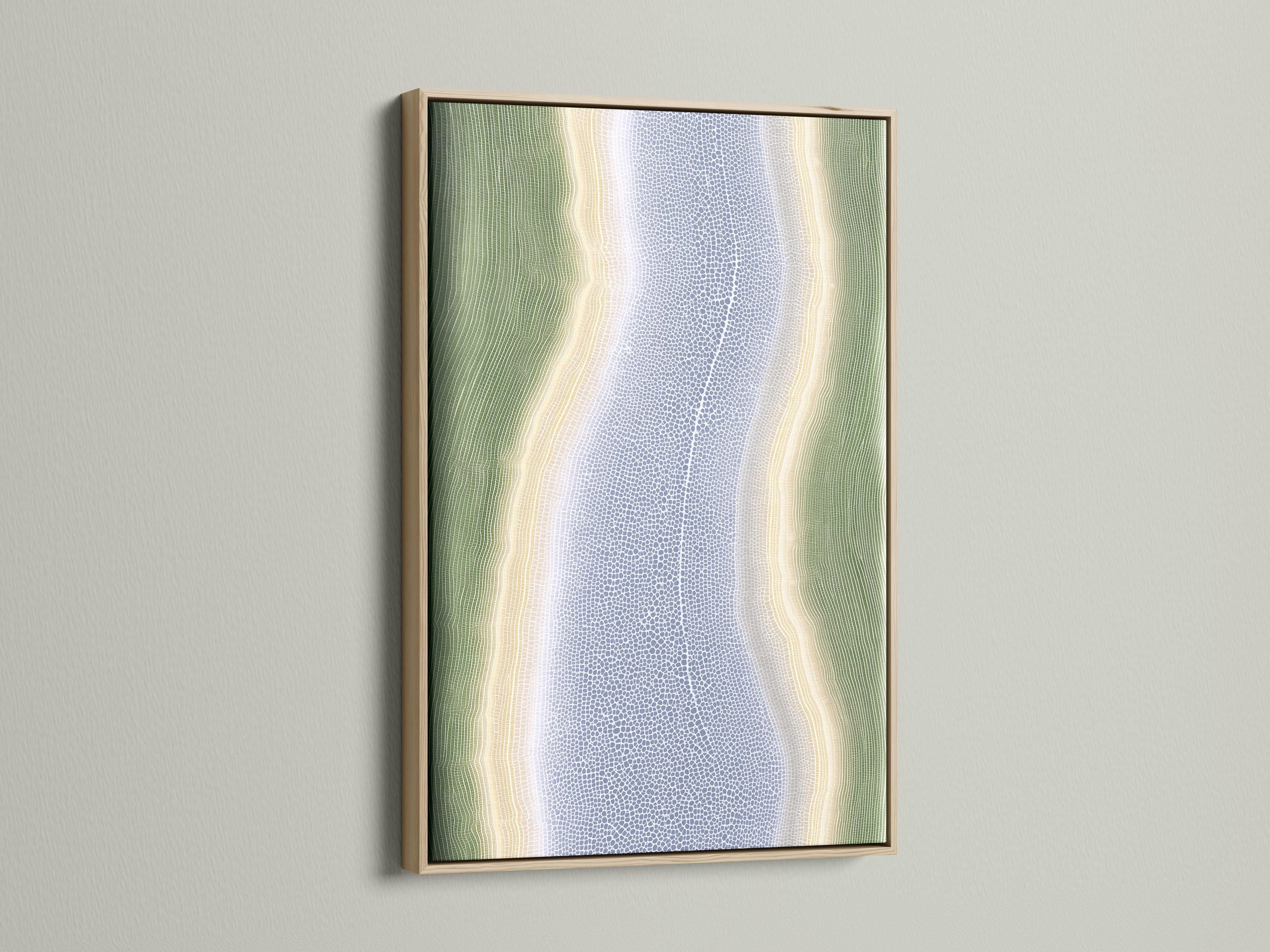 Abstract river-like artwork with sage-green contours and a speckled muted-blue textured centre detail view
