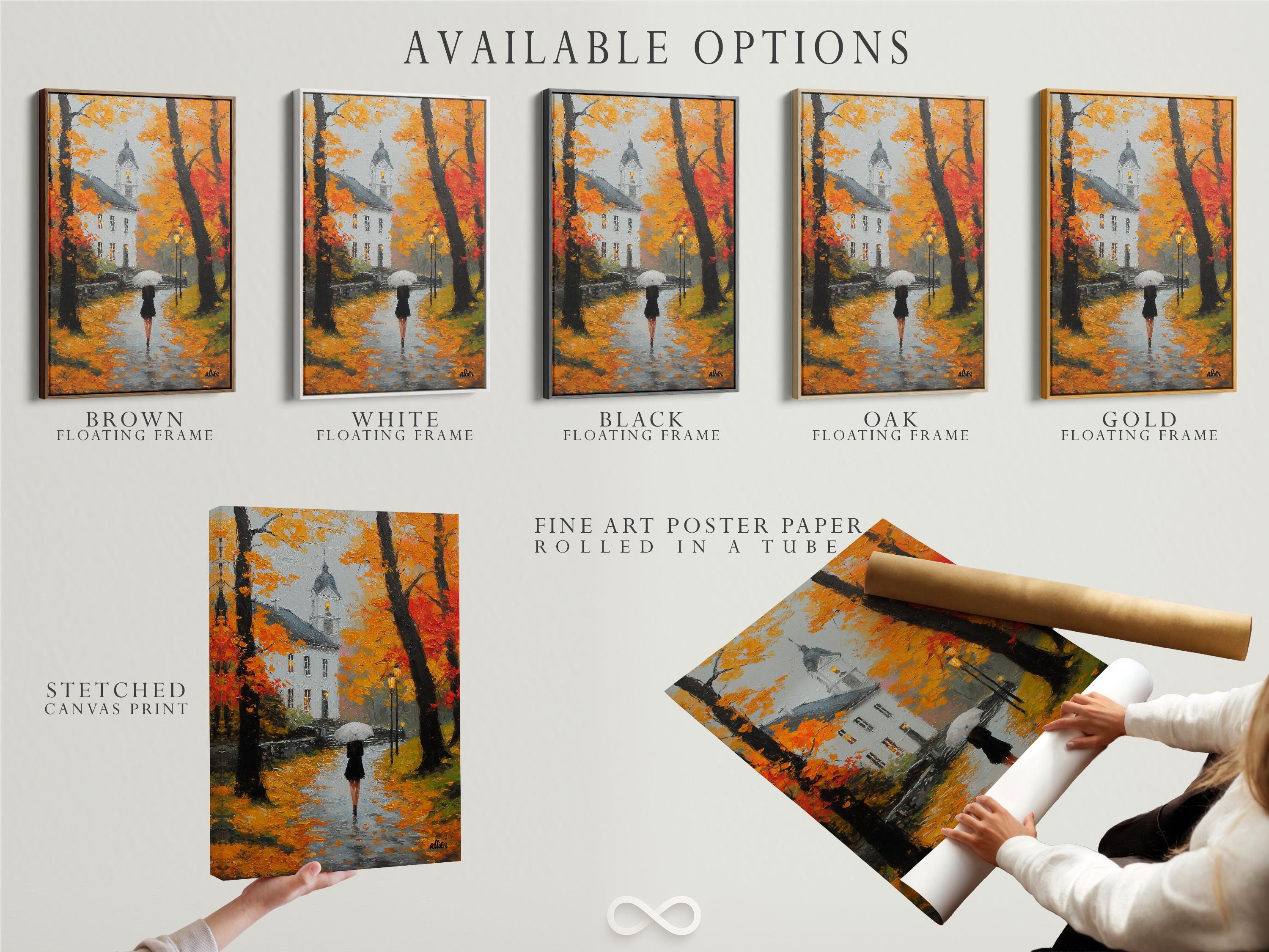 Painted autumn rain street scene with a figure holding an umbrella under orange and red trees detail view
