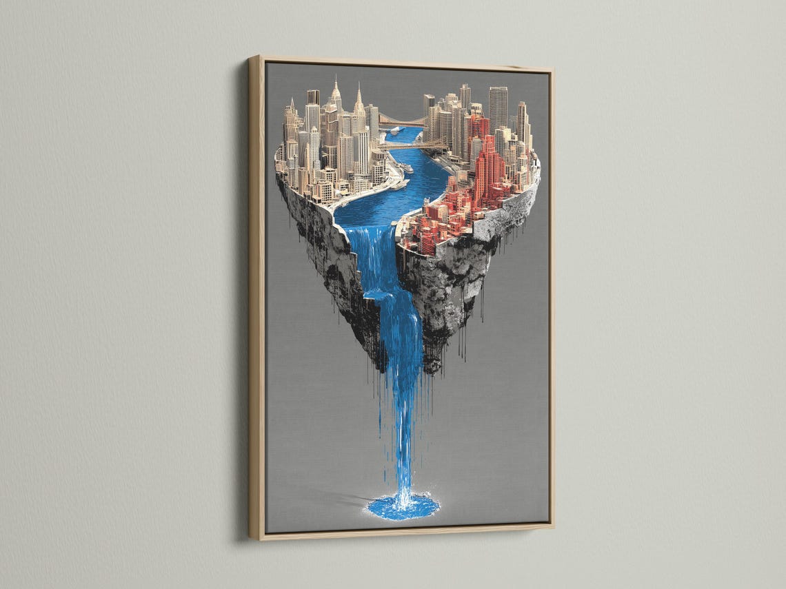 Surreal city skyline with a bright blue waterfall spilling down a floating island detail view