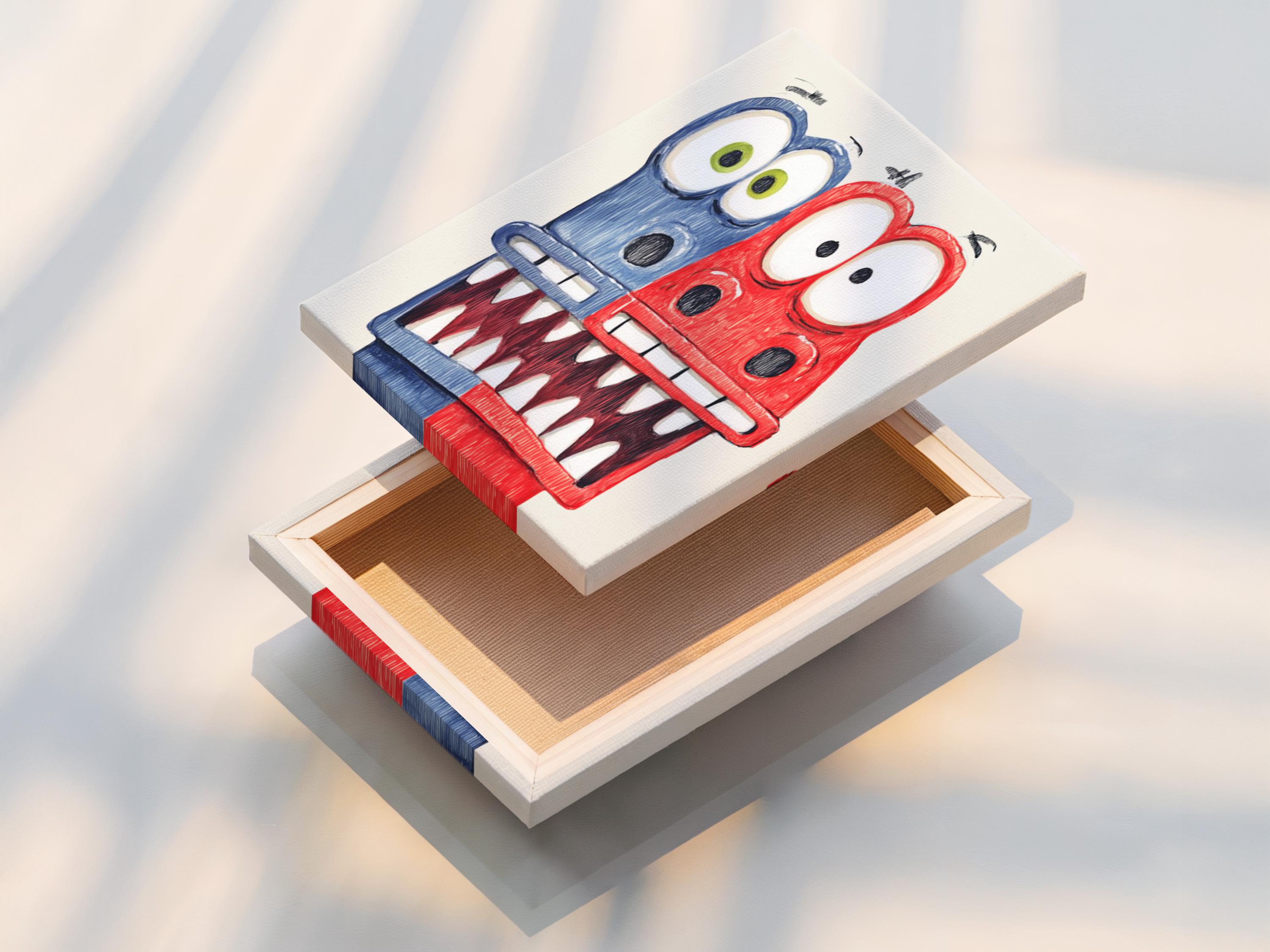 Red and blue cartoon monster with big eyes and a toothy grin on a pale background detail view