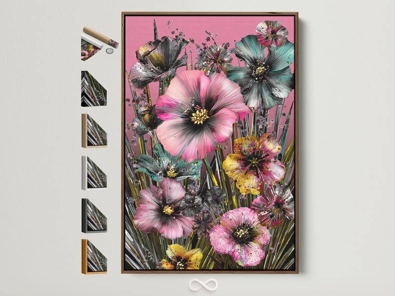 Portrait floral artwork with large pink blossoms, teal accents, dark centres and green stems on a pink background