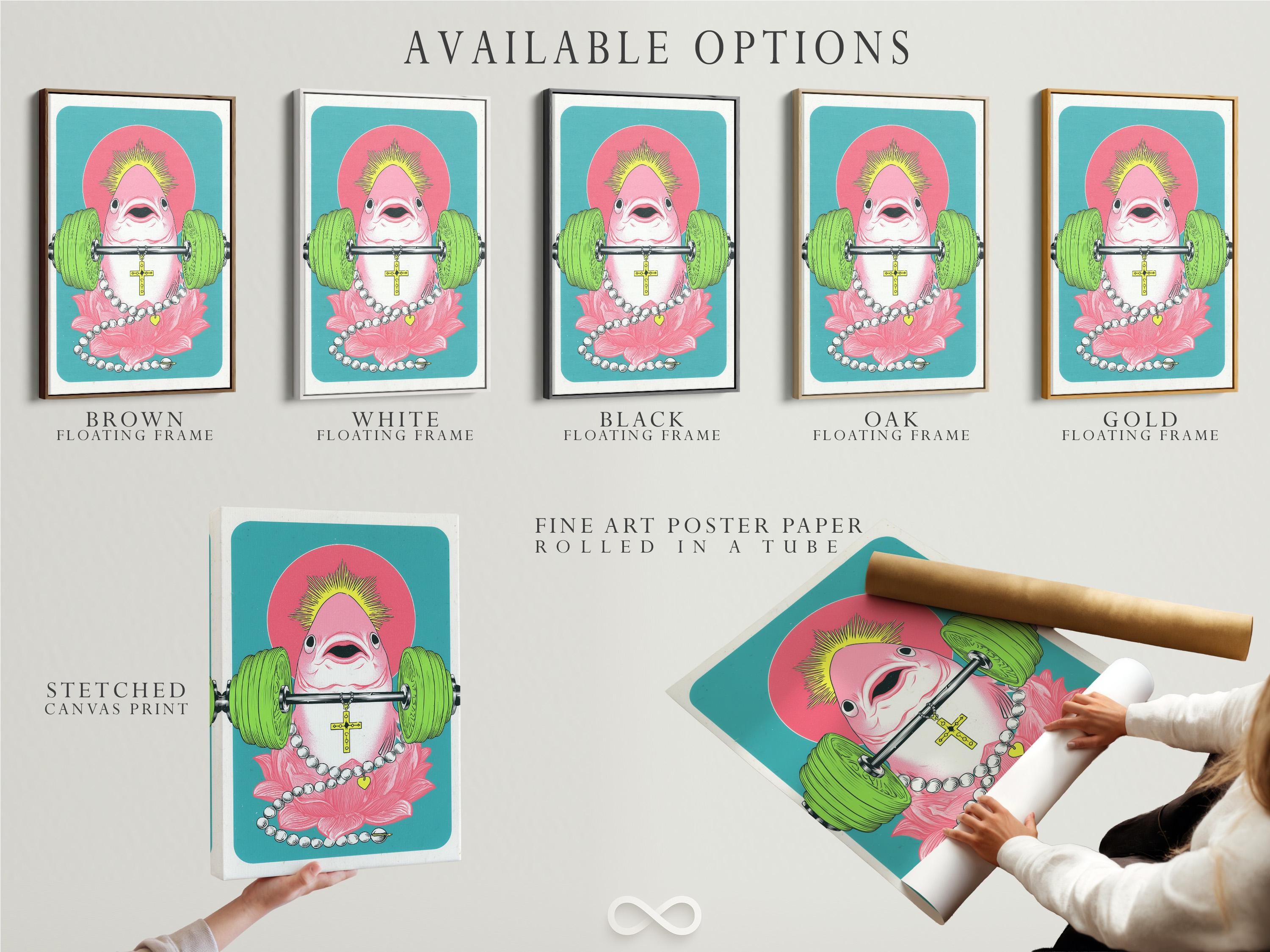 Pop surreal illustration of a pink fish weightlifter holding a barbell with a lotus and yellow cross detail view