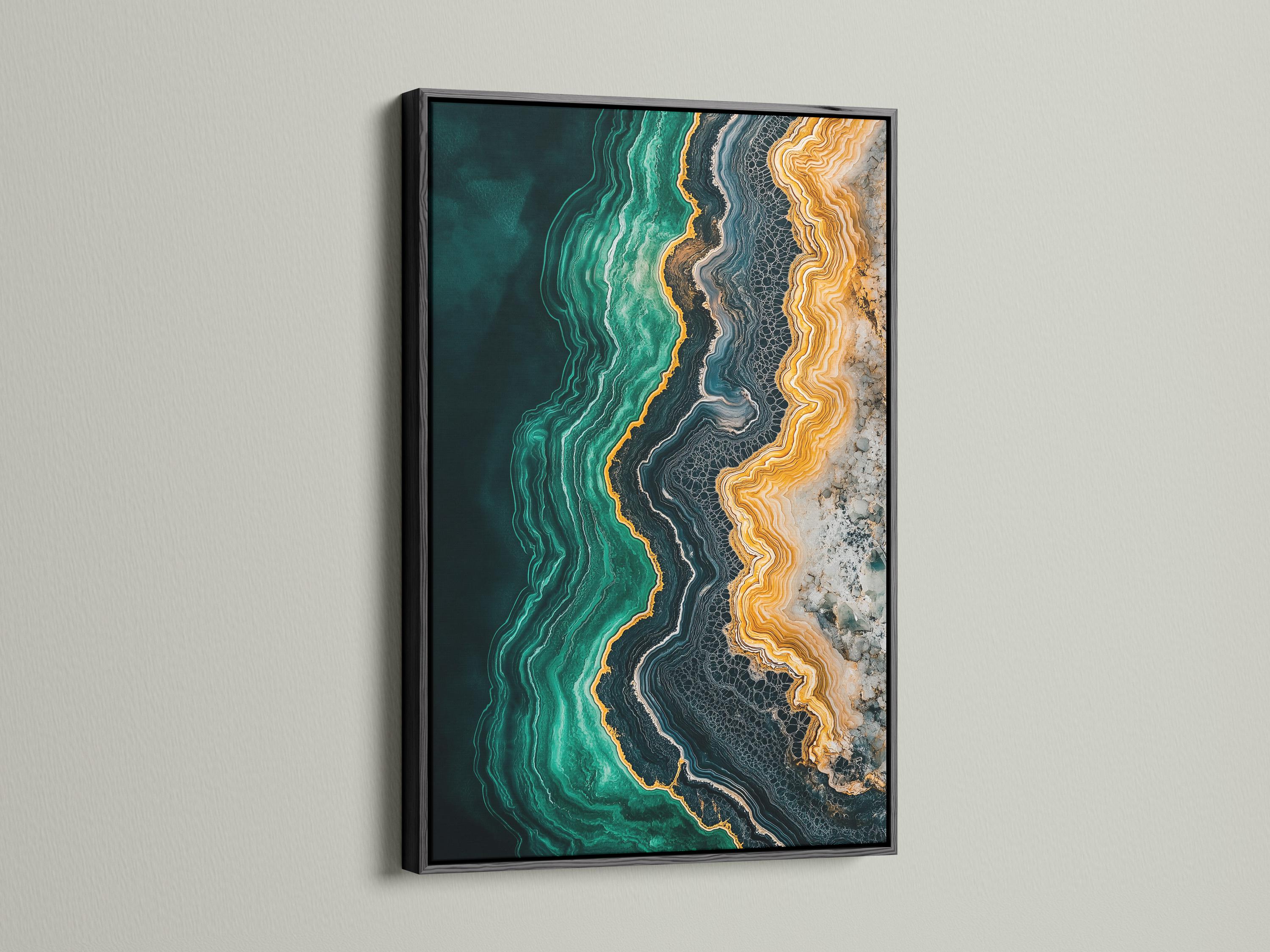 Office room mockup featuring a teal and gold abstract agate-style artwork on a wall