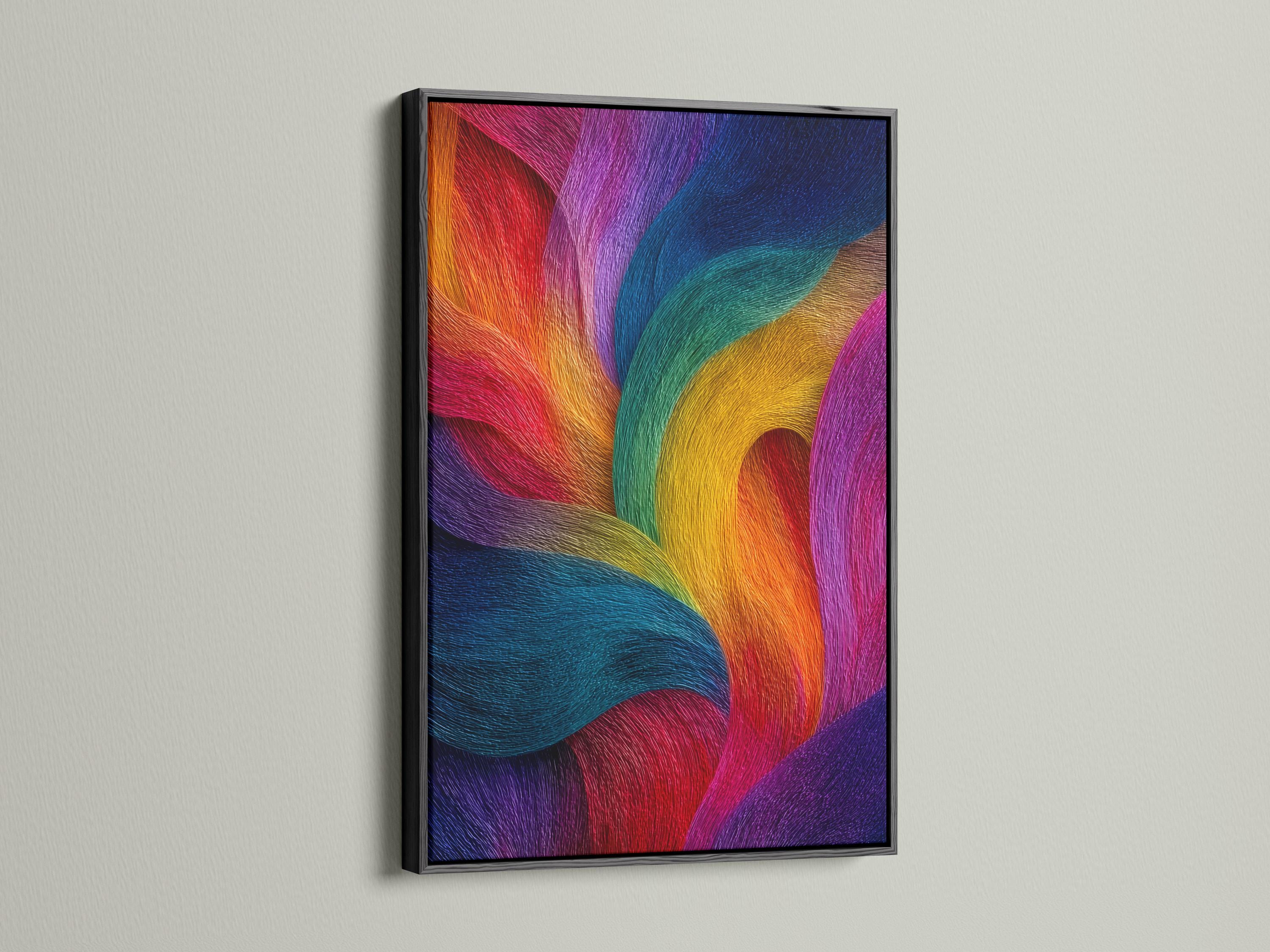 Rainbow abstract artwork with flowing curved bands in purple, blue, pink, teal, yellow and orange detail view