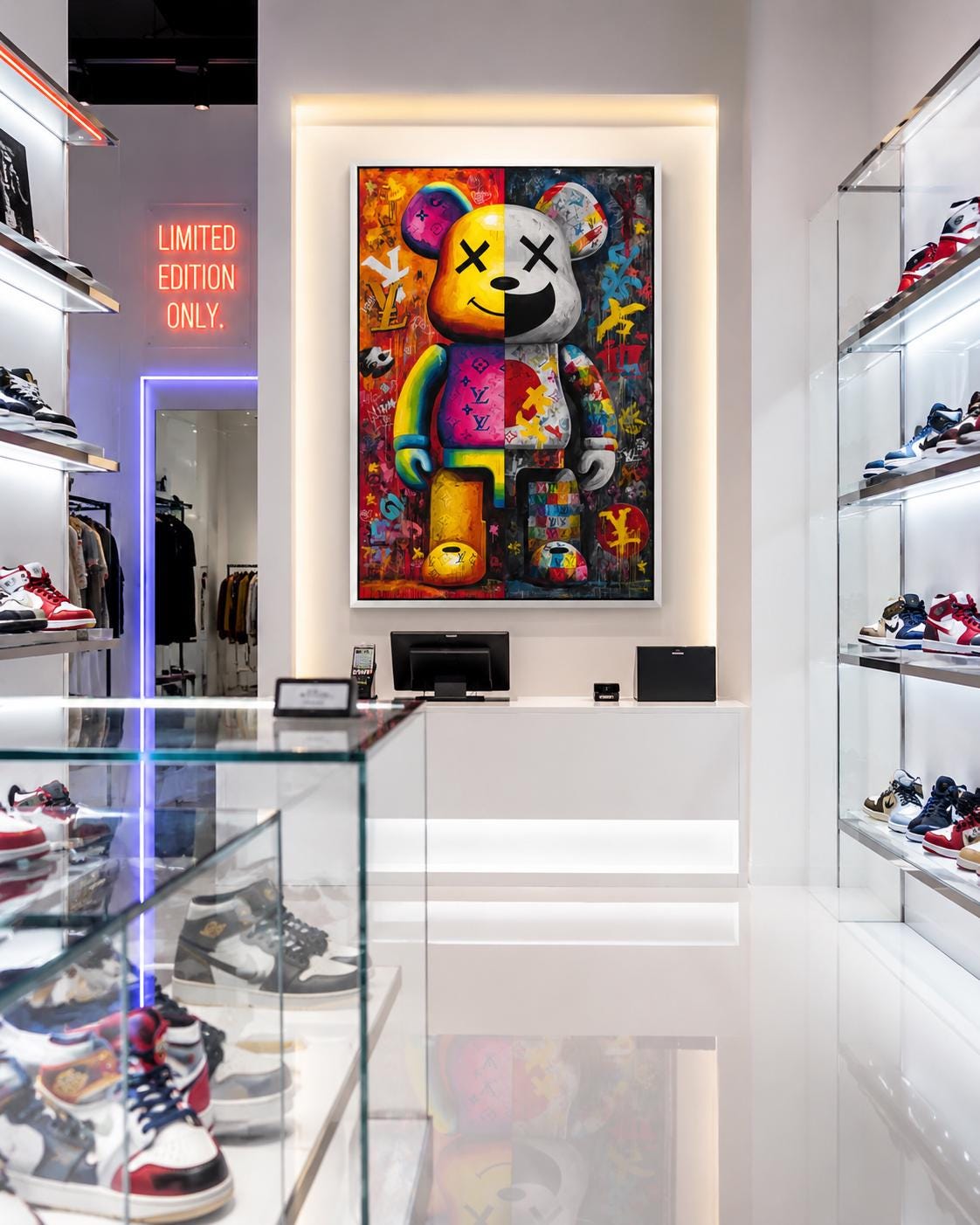 A bright pop-art style bear figure is shown amid graffiti-like colours and stickers, framed by bold black outlines and layered poster textures detail