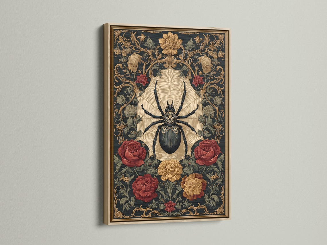 Gothic artwork with a central black spider, cream starburst, and roses detail view