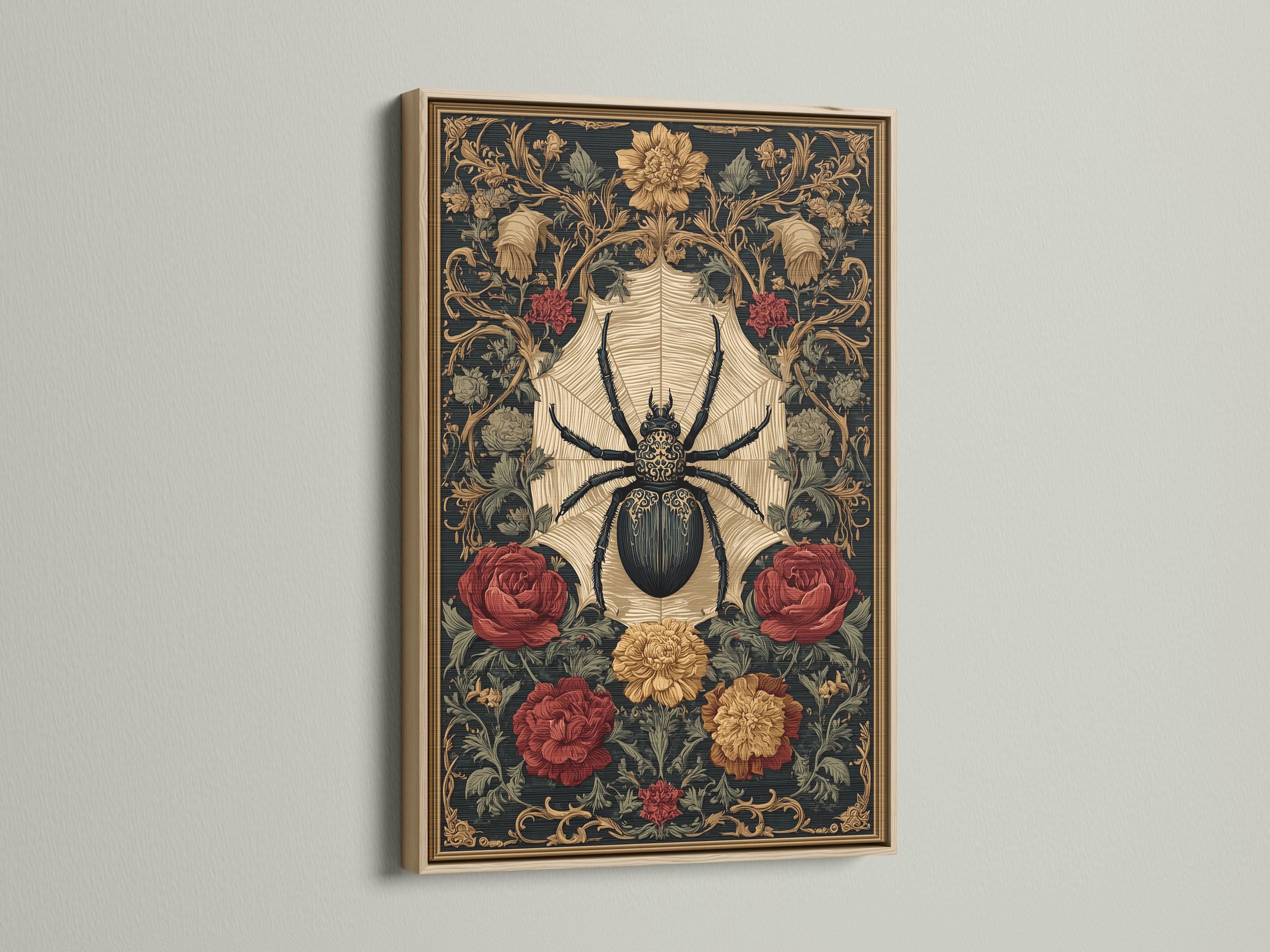 Gothic artwork with a central black spider, cream starburst, and roses detail view