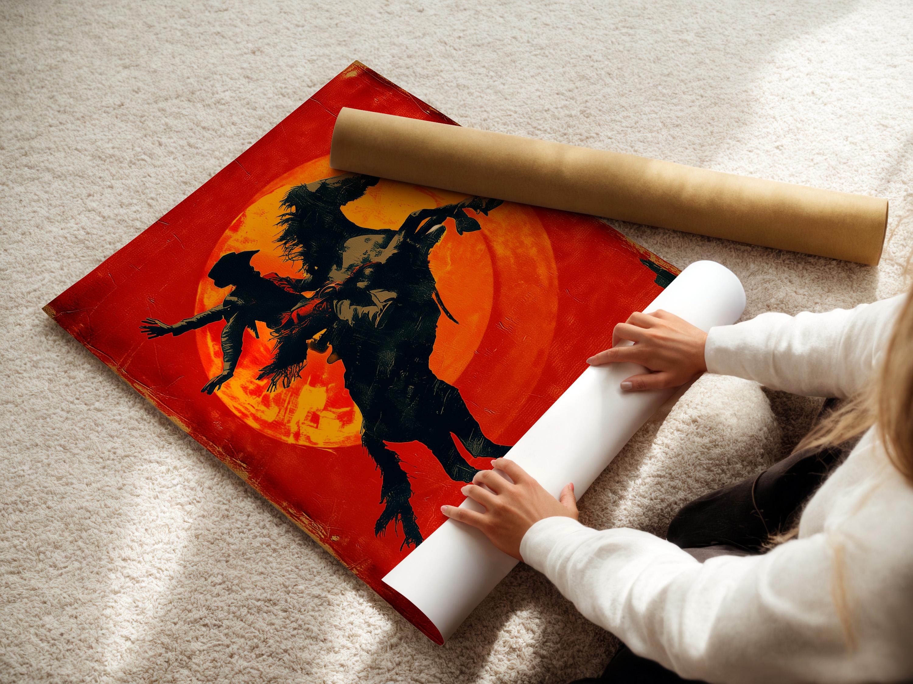 Silhouette of a cowboy riding a horse against a glowing orange sun on a red textured background detail view