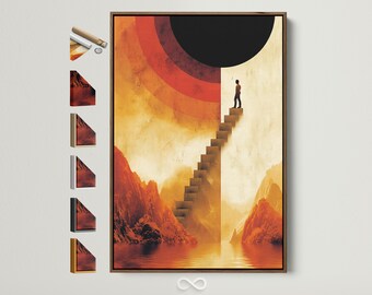 Surreal Stairway Canvas Print - Abstract Mountain Landscape Wall Art, Warm Earth Tones for Office Decor