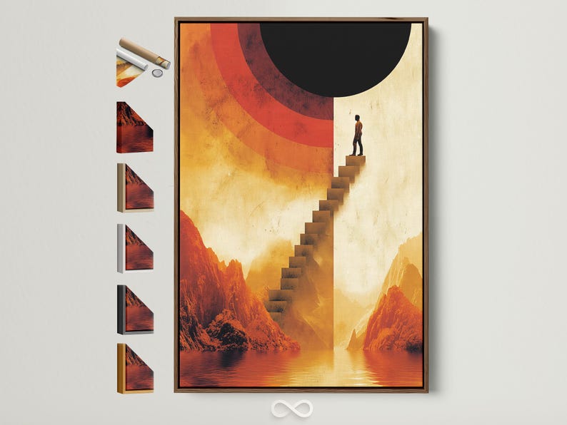 Surreal staircase with a silhouetted man rising through a warm mountain landscape and lake reflections