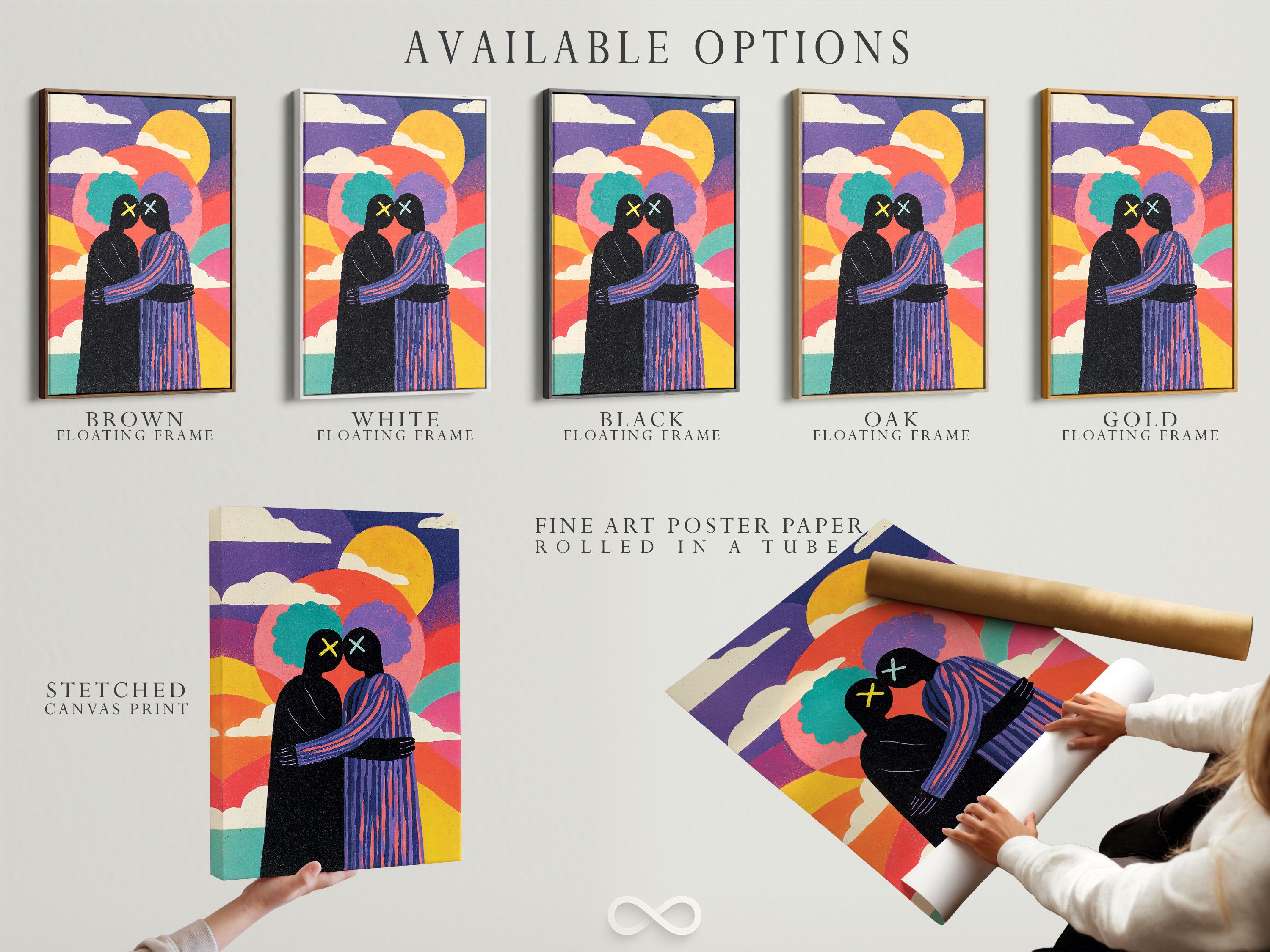 Mockup showing a framed artwork of a colourful sunset couple silhouette on a white wall