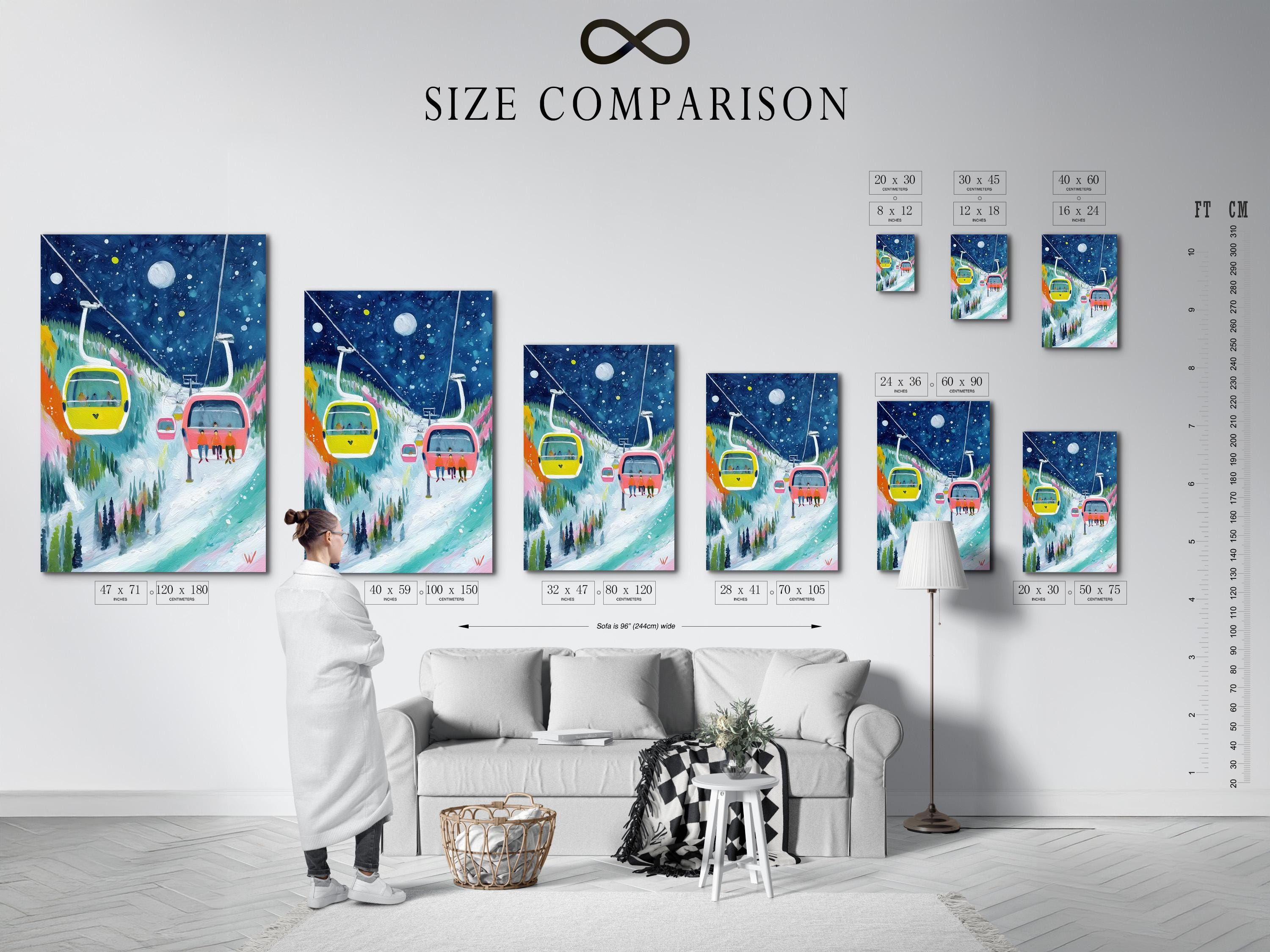 Winter ski lift artwork with gondola and cable cars over snowy slopes and a blue sky detail view