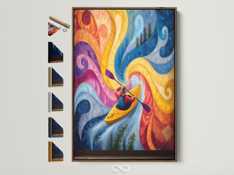 Stylised kayaker paddling through colourful swirling river waves with conifer trees