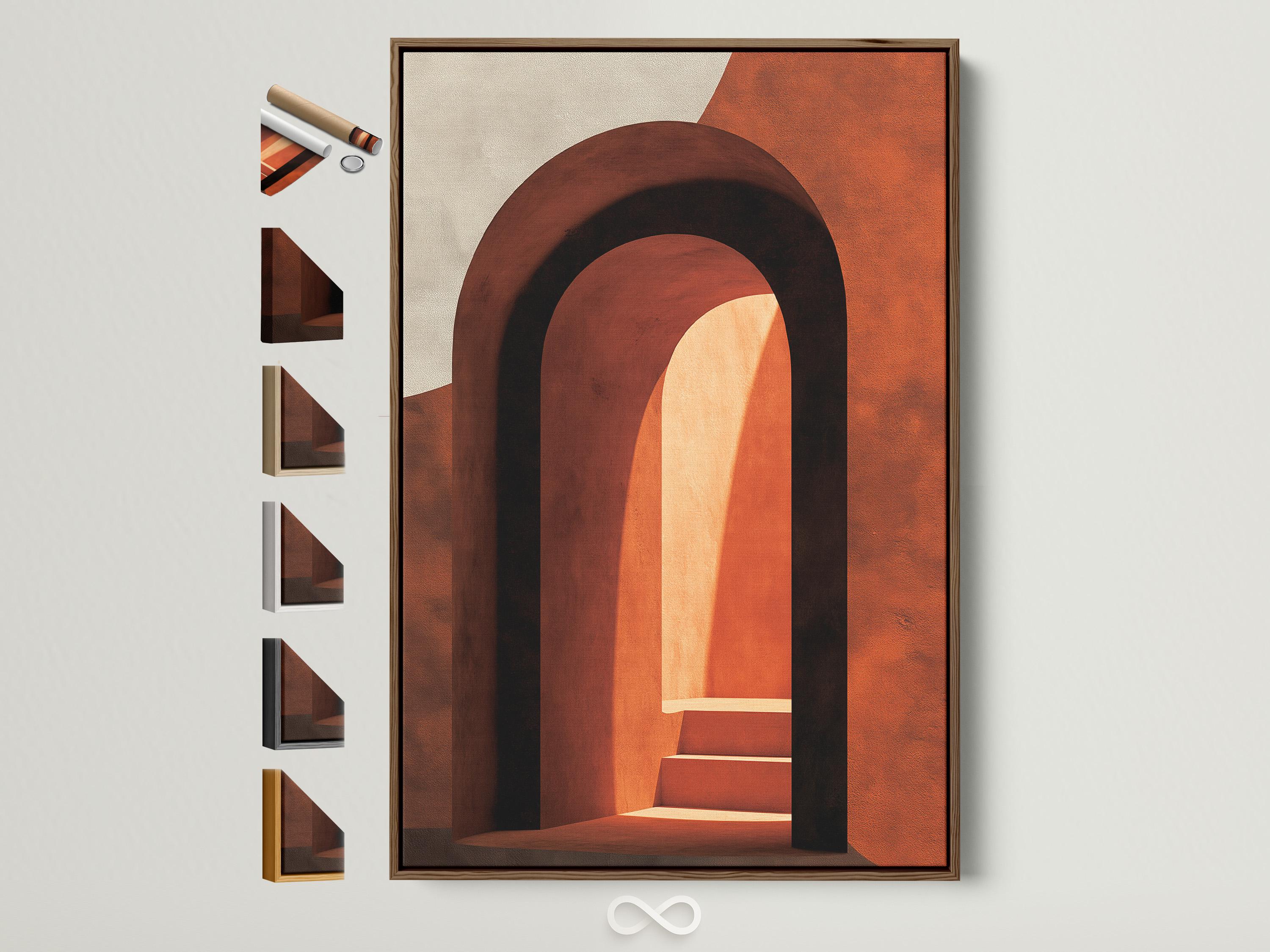 Woman holding a mug standing beside an abstract arch wall artwork in warm terracotta tones