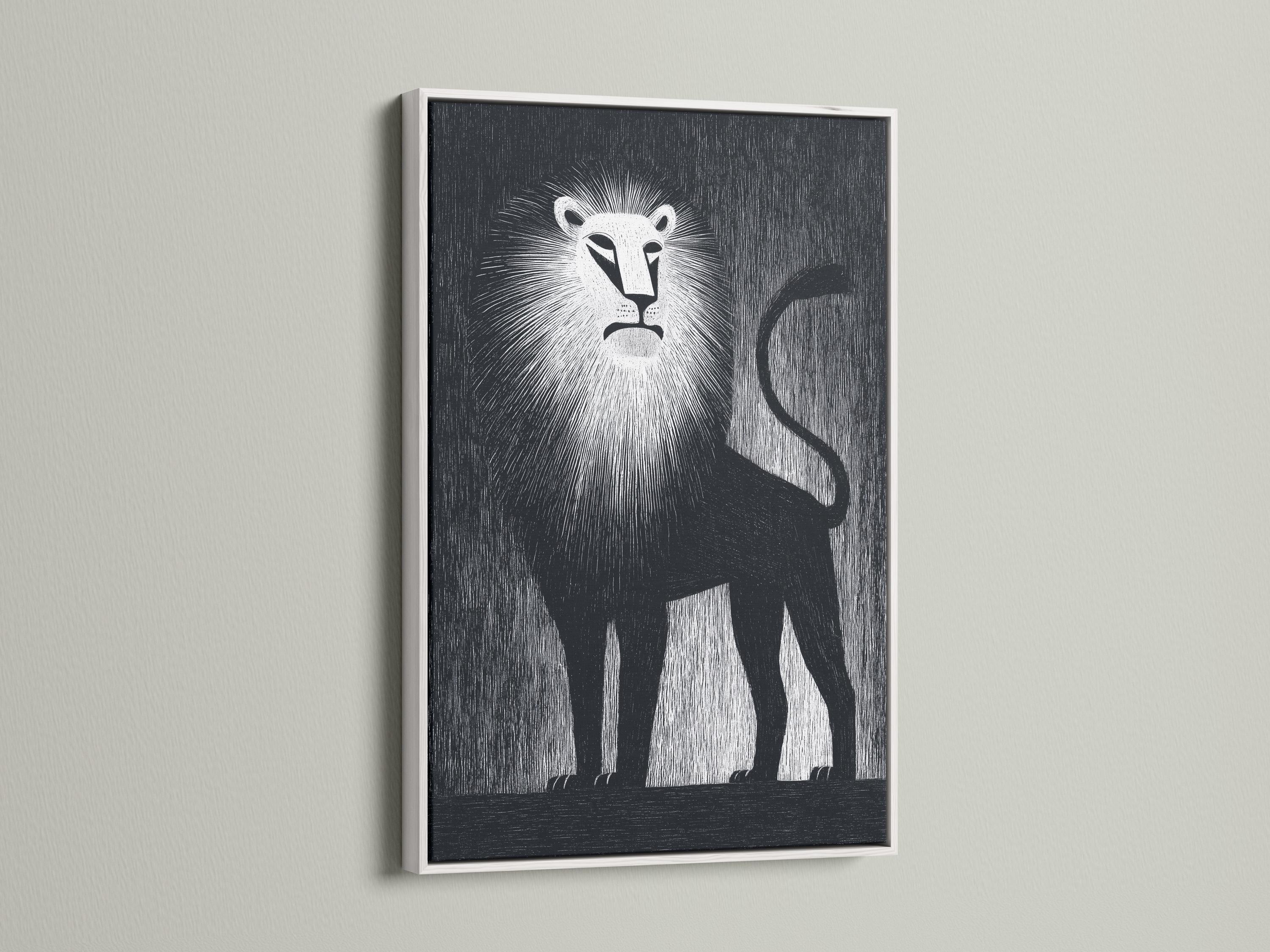A person standing beside a framed black and white lion artwork in a modern interior