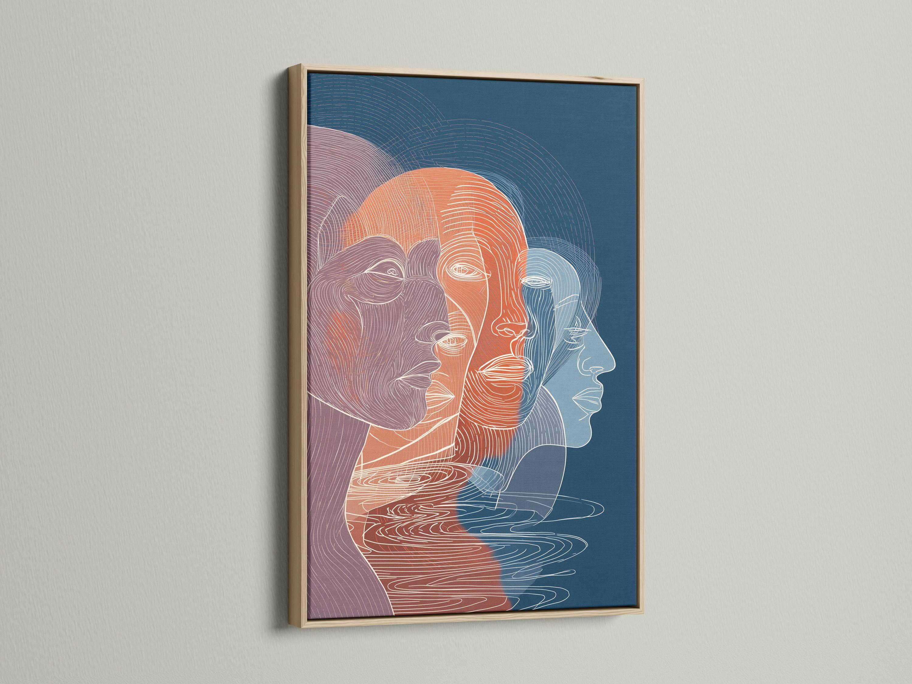 Room mockup showing an abstract faces wall artwork with indigo-blue and coral line profiles