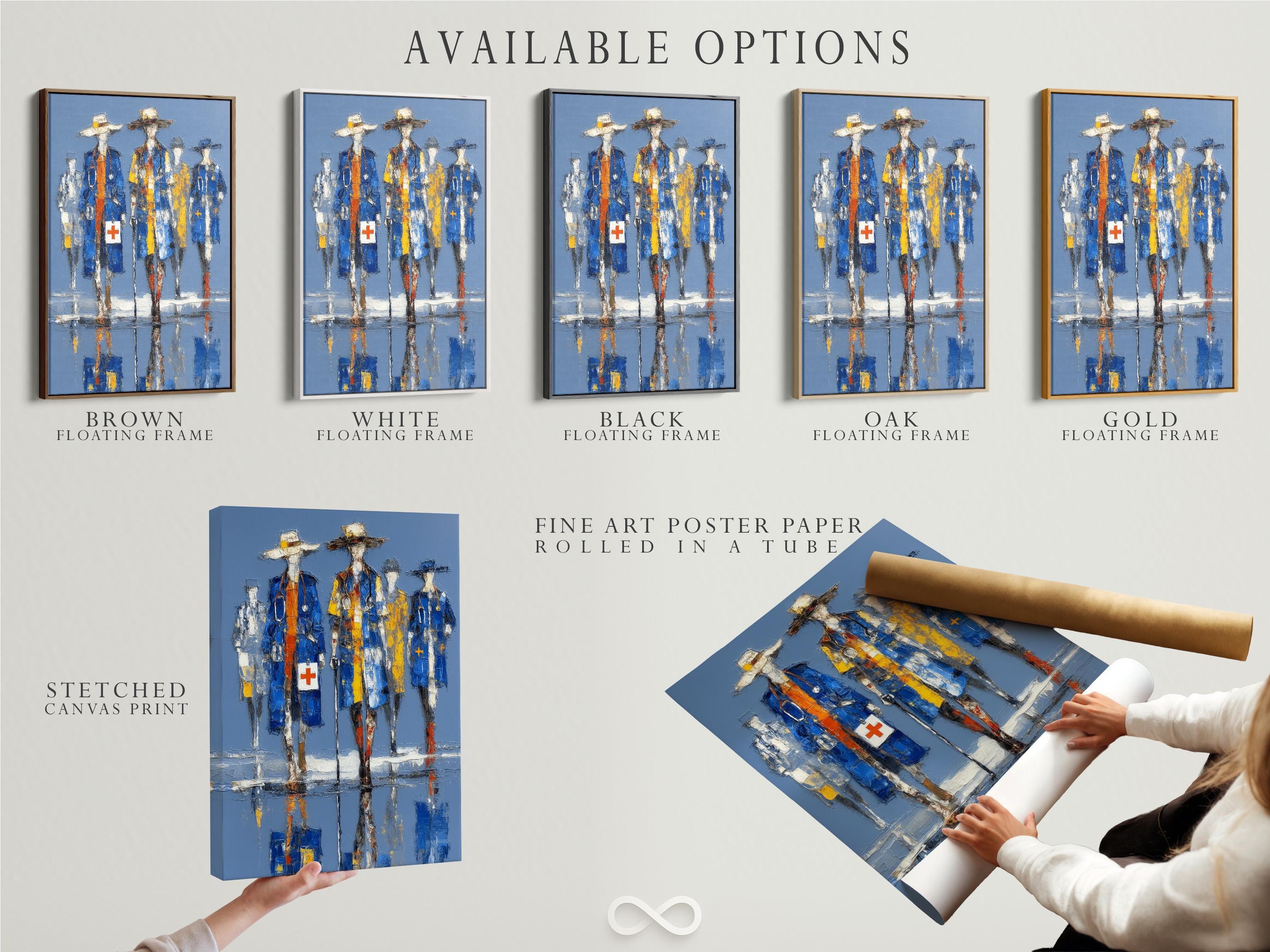 Blue and yellow medical staff figures with white cross symbols in a painterly style detail view