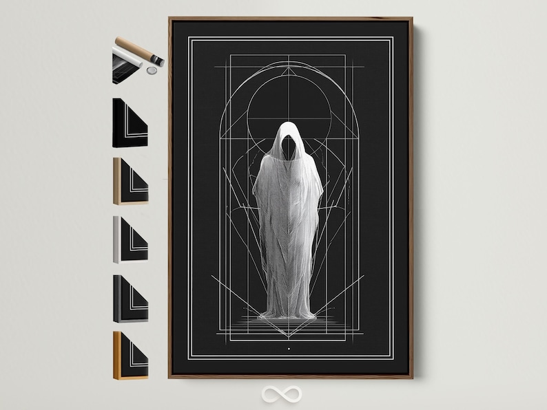Monochrome geometric drawing of a hooded figure with white arch and grid lines on dark background