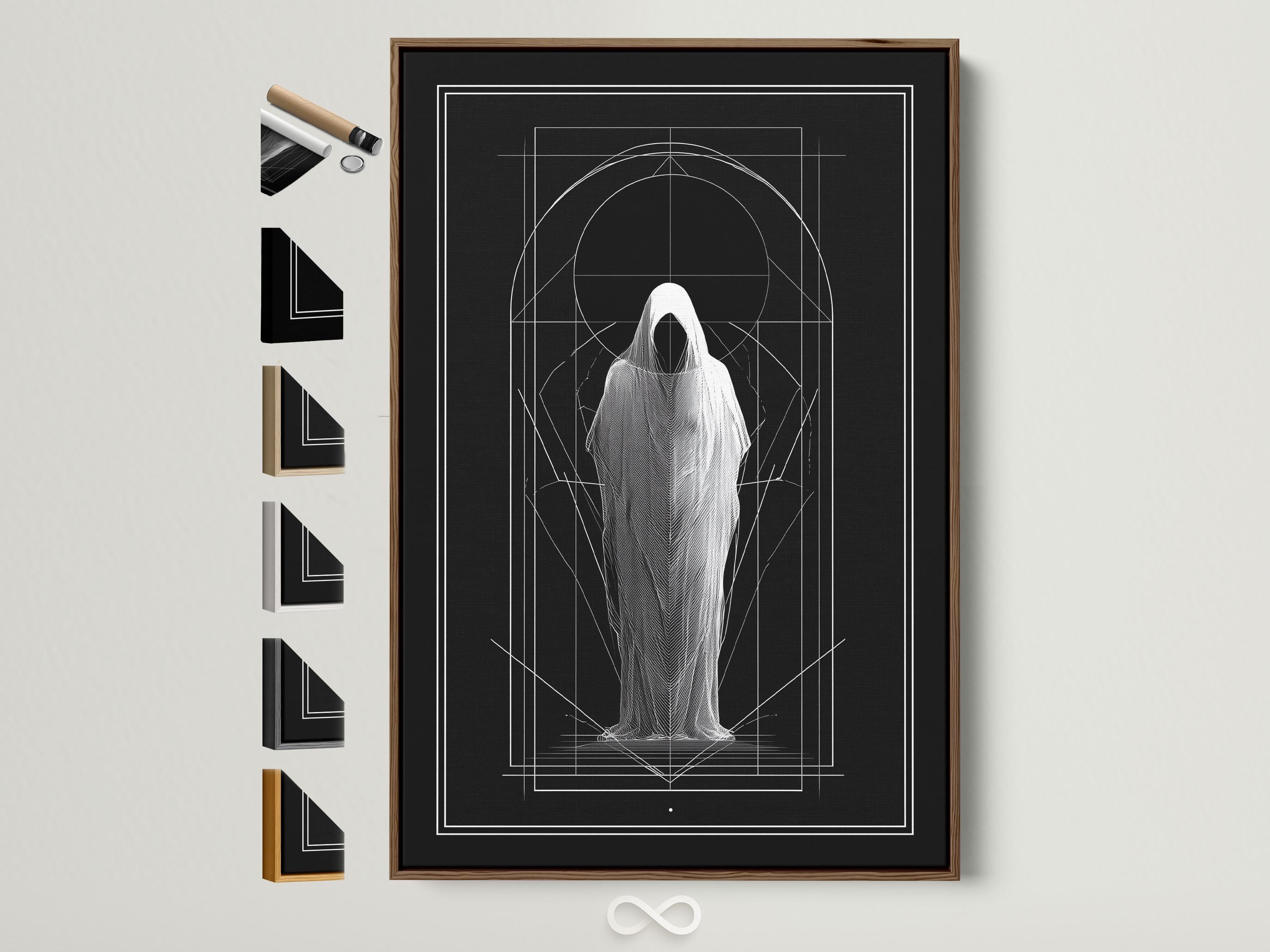 Monochrome geometric drawing of a hooded figure with white arch and grid lines on dark background