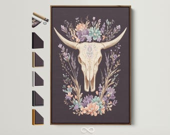 Floral Bull Skull Canvas Art - Boho Western Art Print, Pastel Flower Wall Decor, Southwestern Home Style, Gift for Cowgirl, Ranch Decor