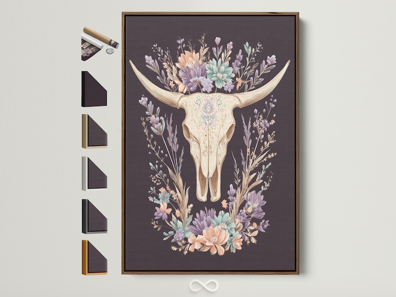 Bull skull illustration surrounded by a wreath of pastel wildflowers on a dark mauve background