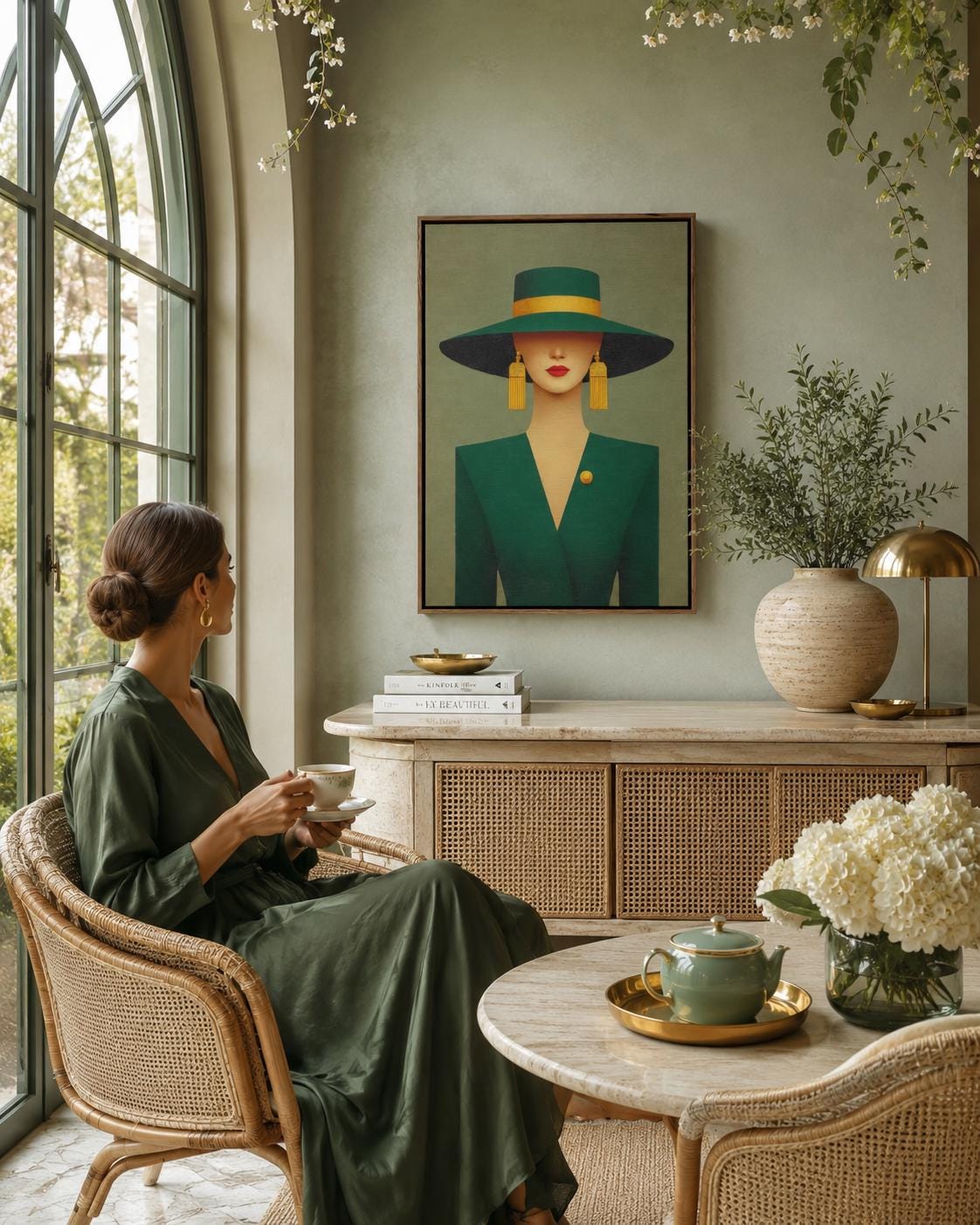 A stylised portrait of an elegant woman in a wide-brim hat, shown against a muted green background with gold accents and Art Deco-inspired shapes