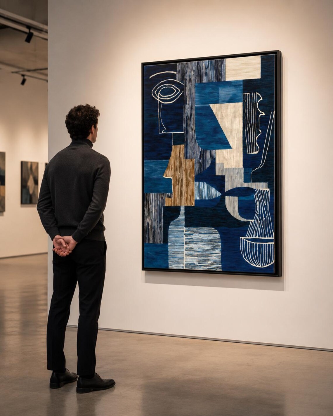 Woman holding a cup in a cafe-like space with a framed blue abstract face artwork on the wall