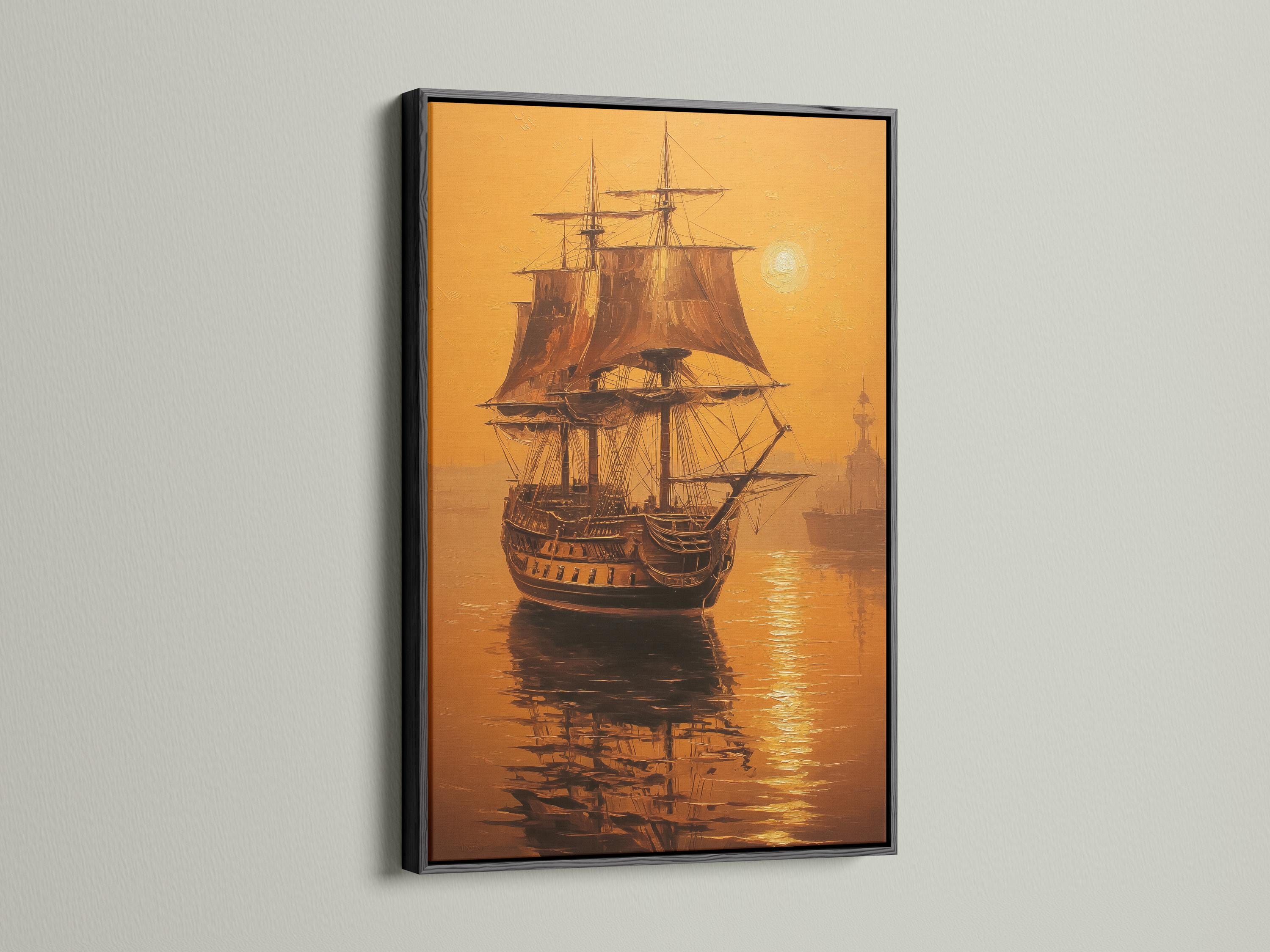 Sailing ship at sea in warm gold and brown tones with a bright pale disc and water reflections detail view