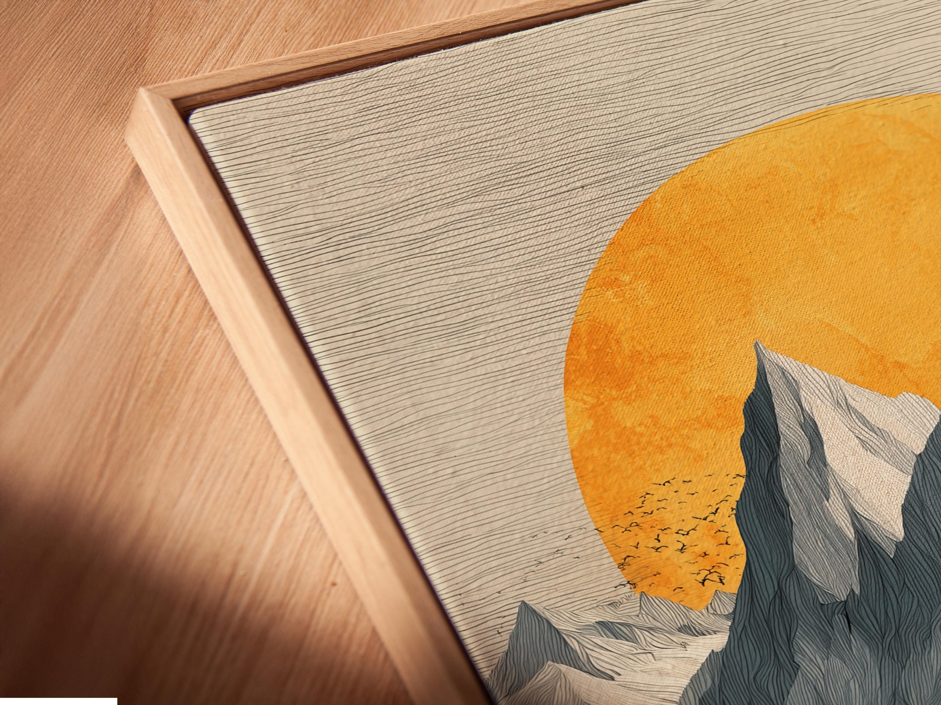 Stylised alpine mountain landscape with a large orange sun and pine tree silhouettes detail view