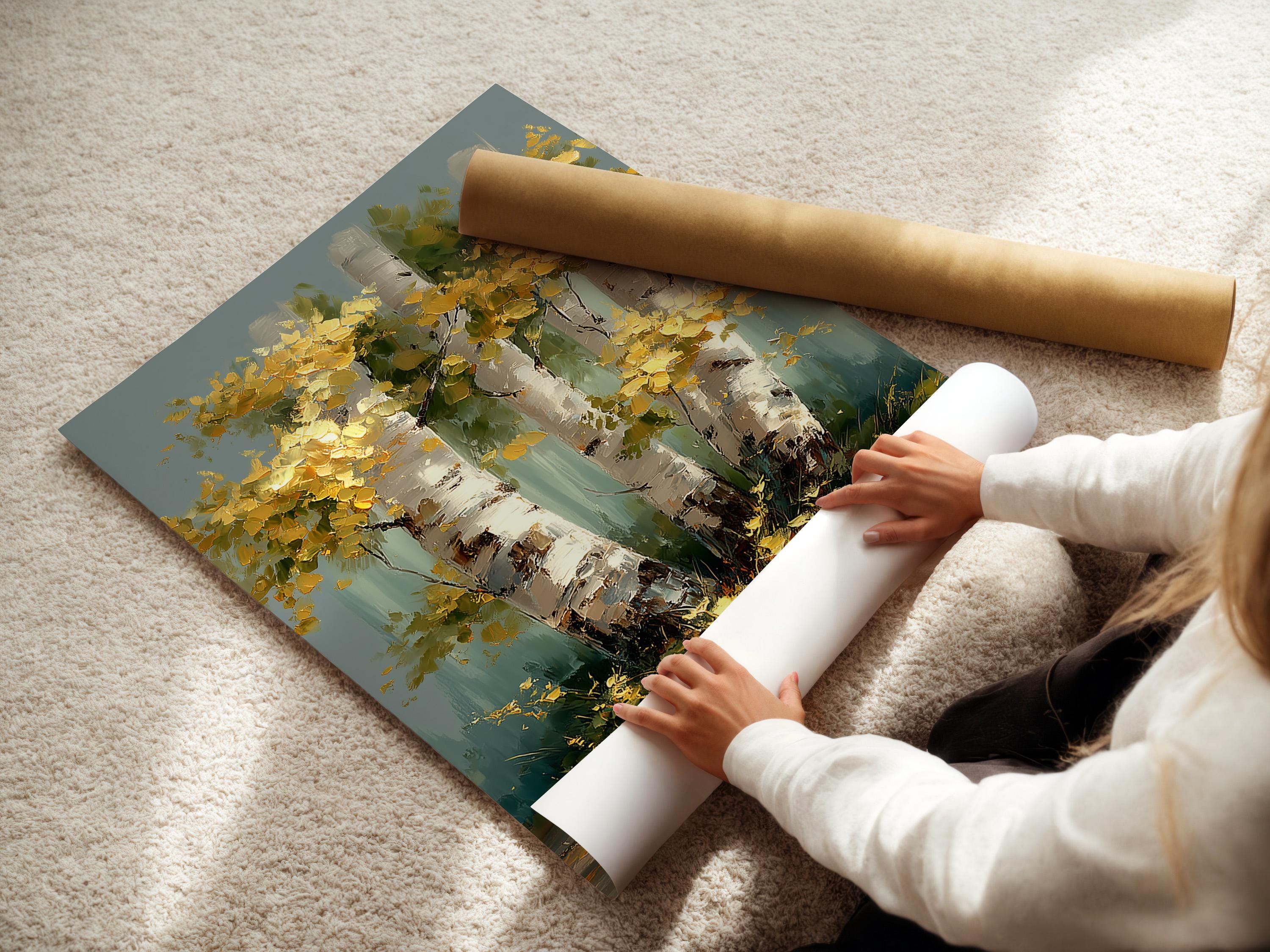 Autumn birch forest painting with golden leaves and white tree trunks on a blue-green background detail view