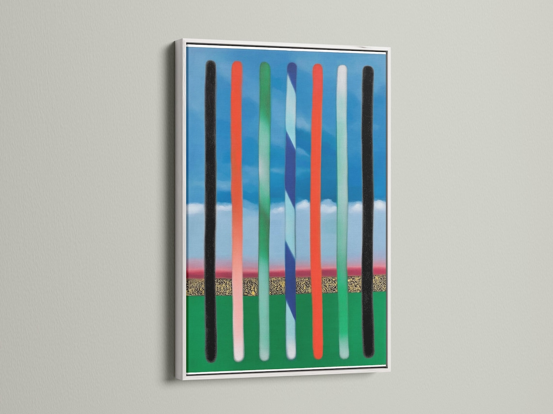 Abstract vertical stripes artwork with blue sky bands and black, red, green, and off-white bars detail view