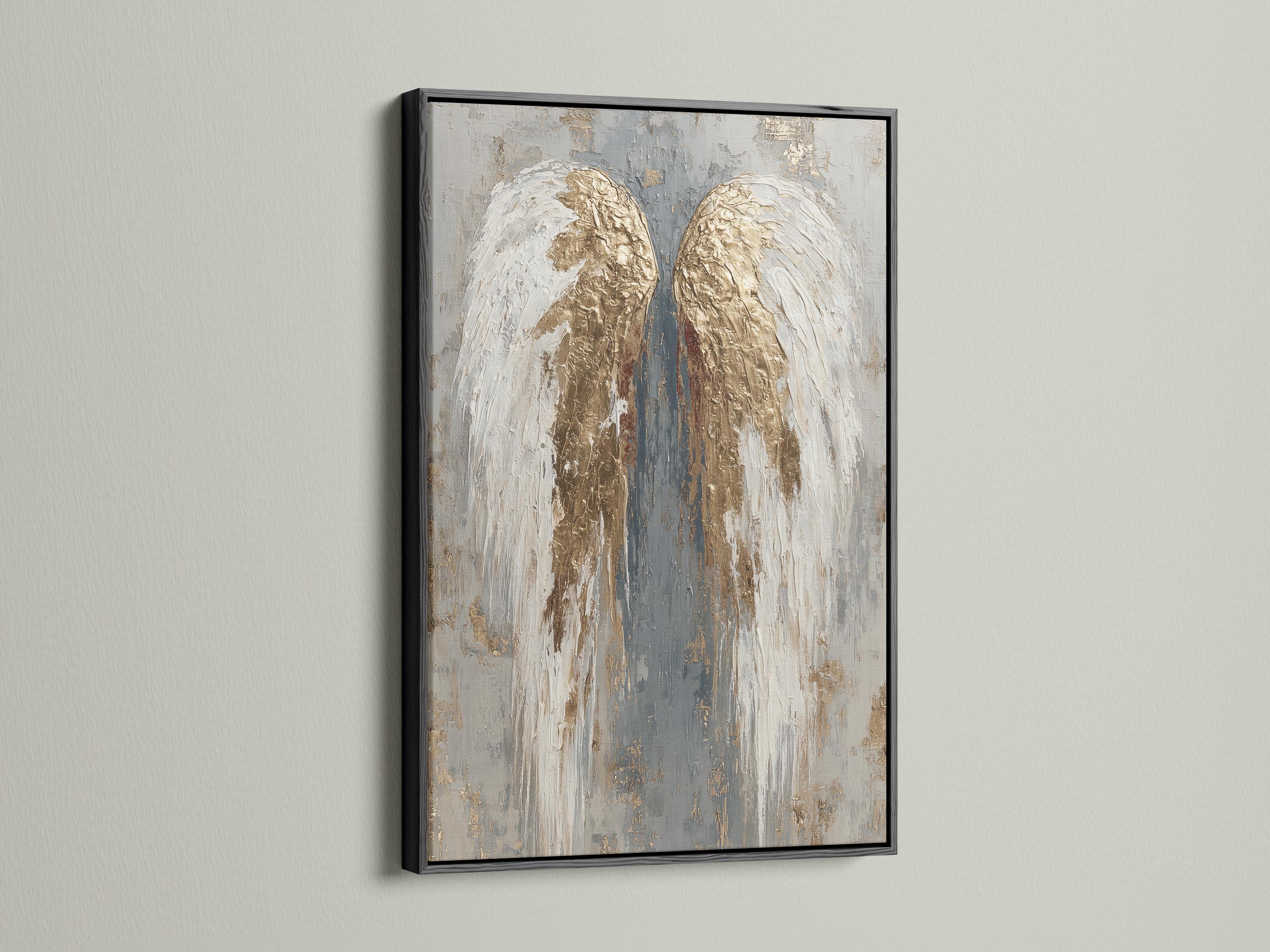 An angel-wing motif is shown symmetrically in layered white, grey and gold leaf-like tones, set against a textured neutral background detail view