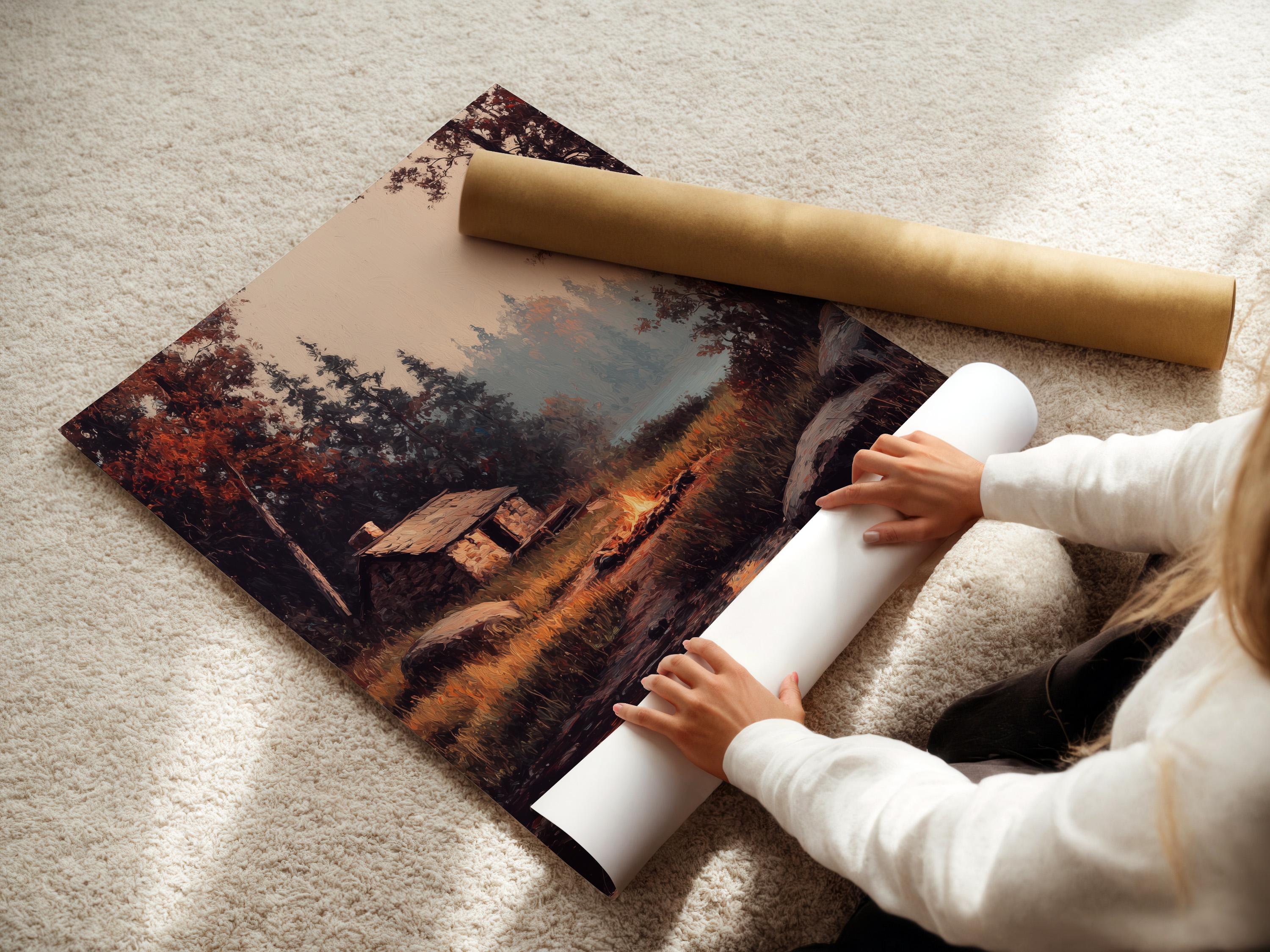 Wood-framed artwork of a rustic cabin scene in a product mockup view